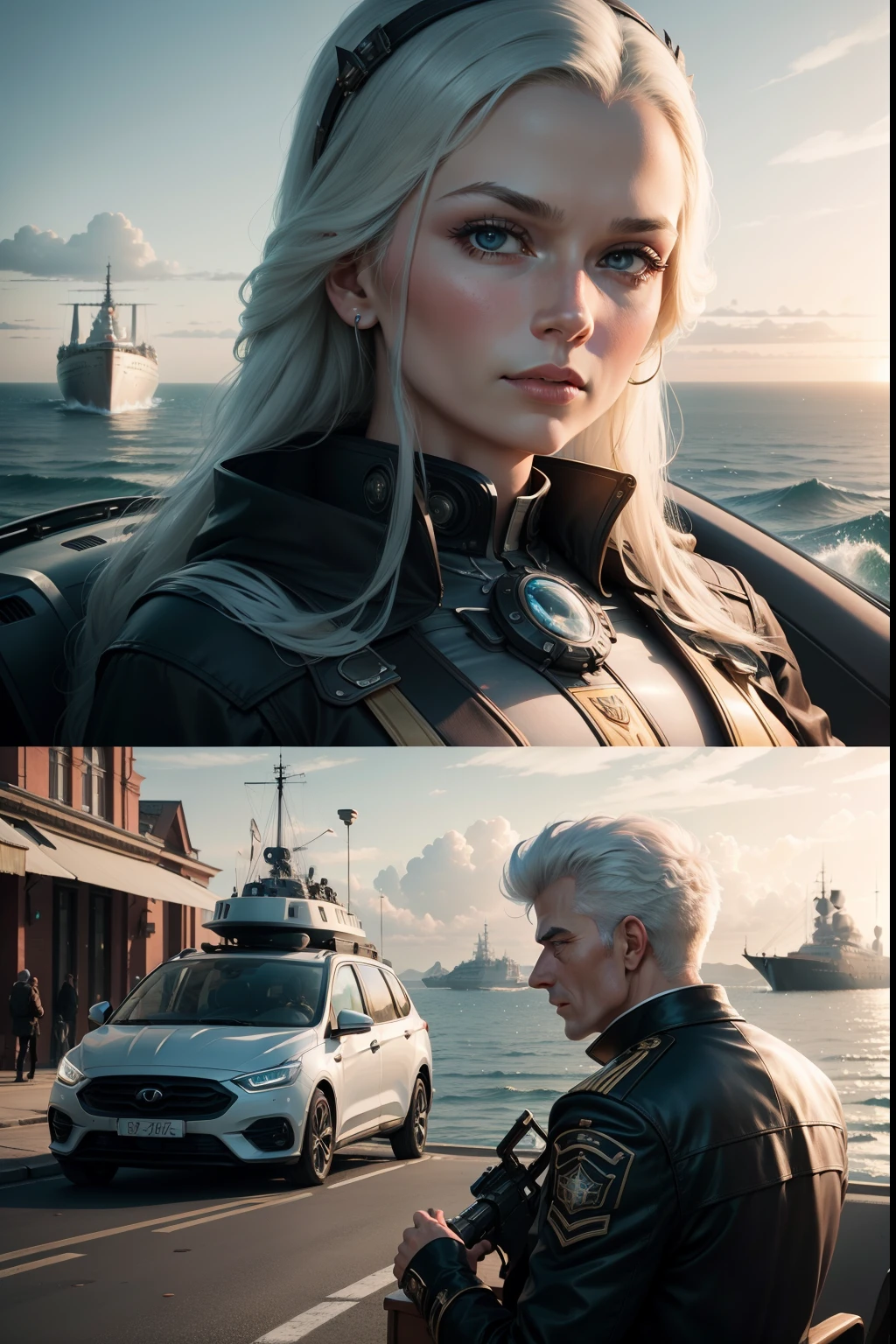 close-up photo. Residents of St. Petersburg in the distant future. Around the car and ships of the future