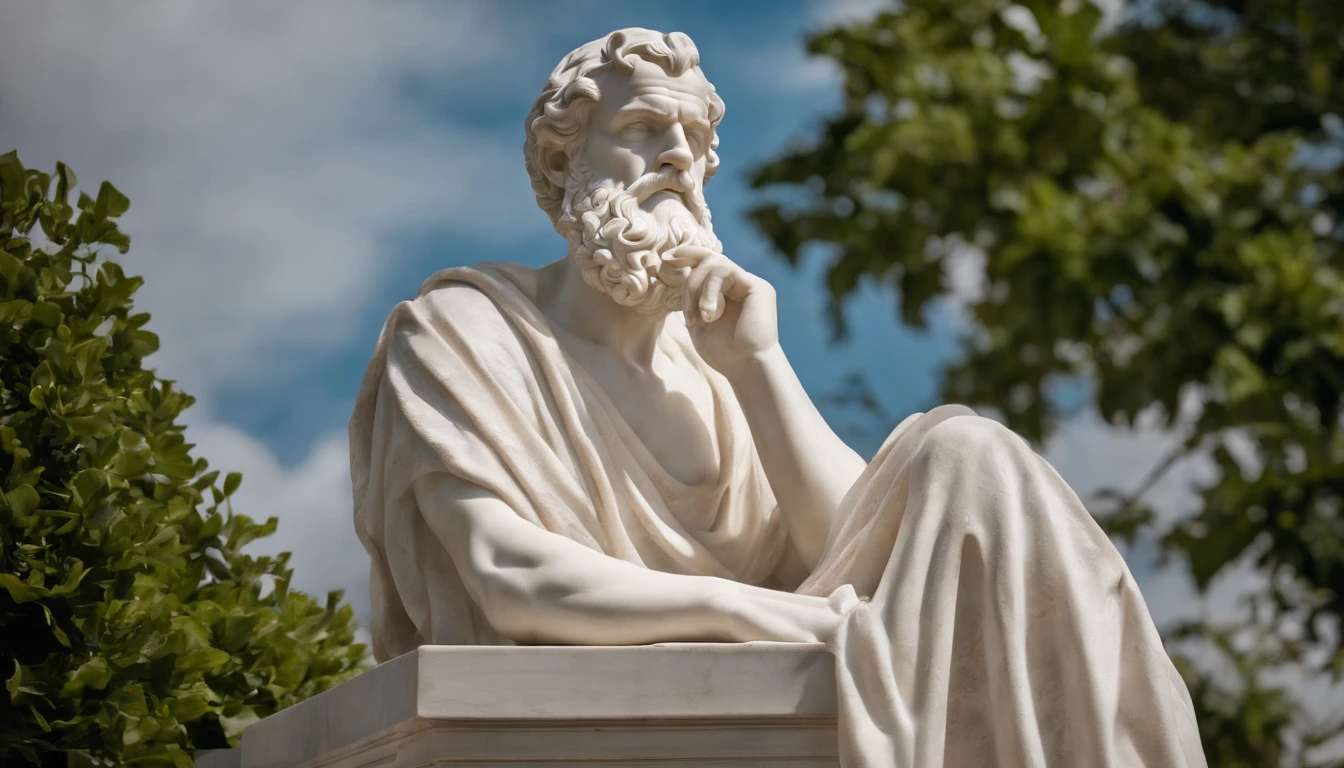 statue of EPICTETUS CONFIDENT AND STRONG Stoic, white marble style, pensativo e confiante, fundo de templo, alta qualidade, detalhado