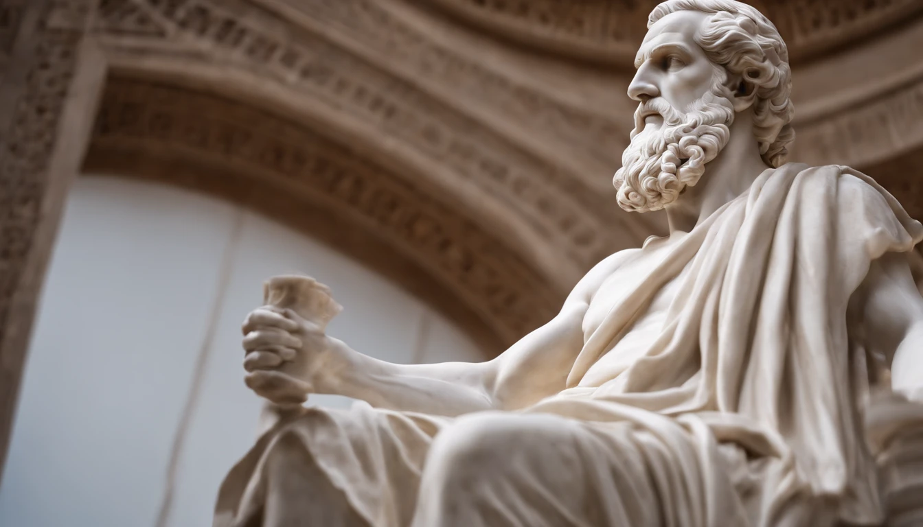 statue of EPICTETUS CONFIDENT AND STRONG Stoic, white marble style, pensativo e confiante, fundo de templo, alta qualidade, detalhado