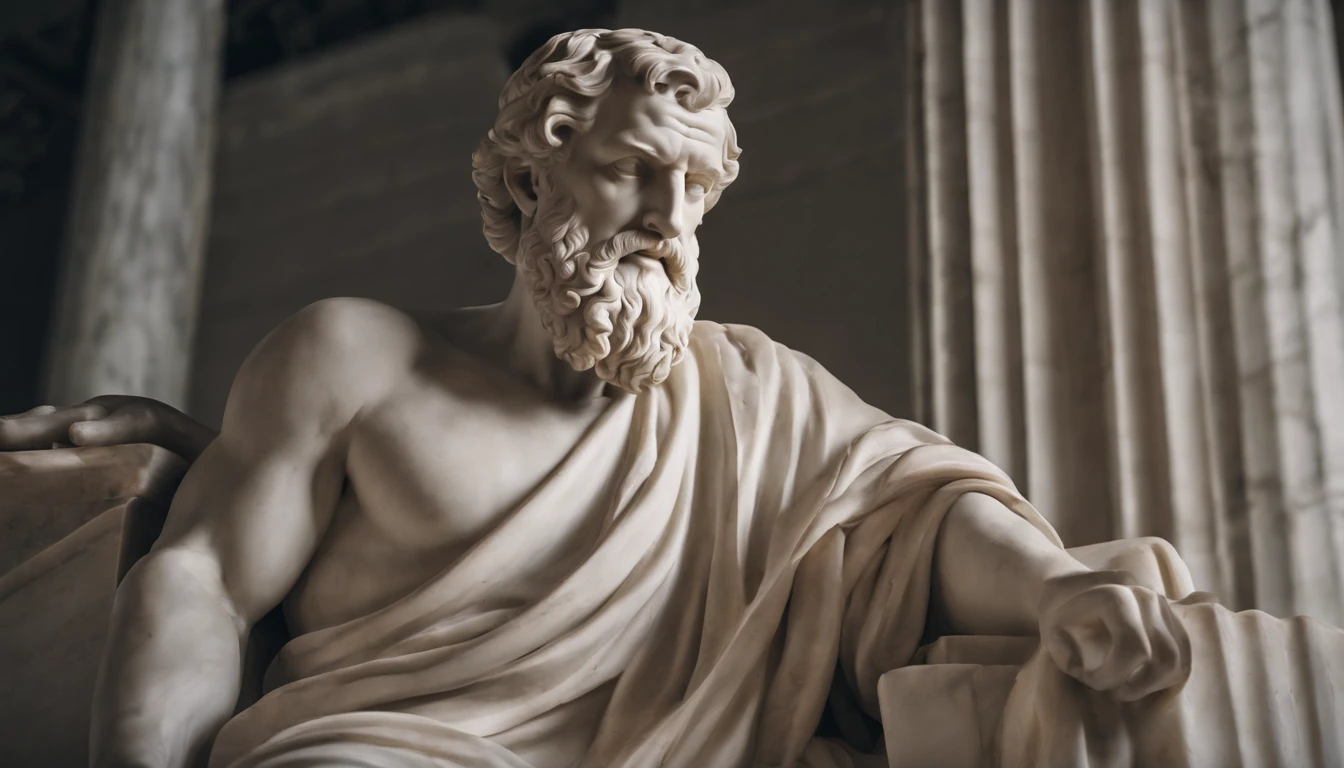 statue of EPICTETUS CONFIDENT AND STRONG Stoic, white marble style, pensativo e confiante, fundo de templo, alta qualidade, detalhado