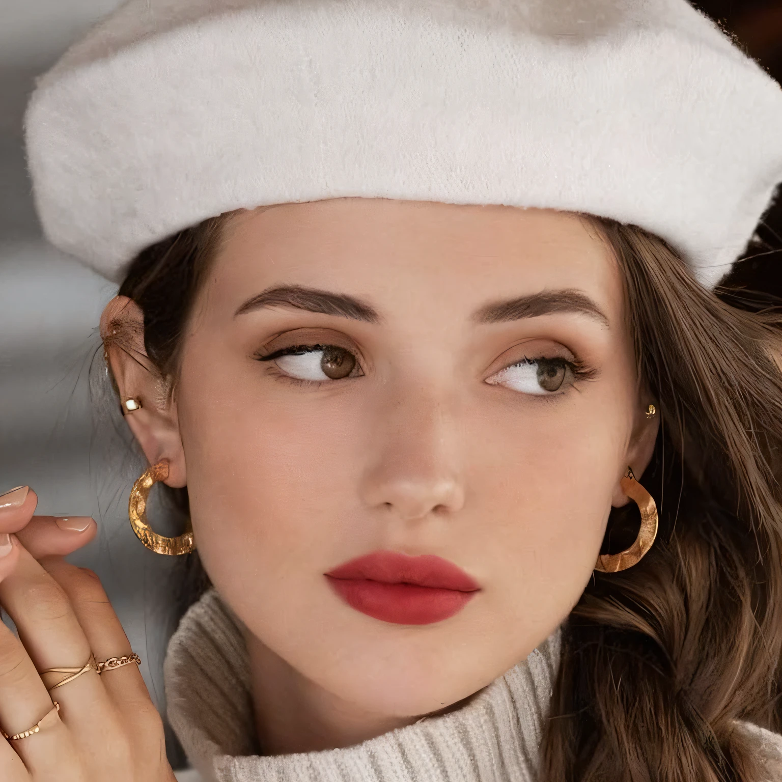 Woman wearing a white hat and a white sweater, usando uma boina francesa, usando uma boina, uma boina grande, brincos grandes, Retrato de Barbara Palvin, Menina francesa, wearing a chocker and cute hat, Retrato Sophie Mudd, Boinas, wide golden eyes and red lips, Retrato de Ana de Armas, Ana de Armas Retrato