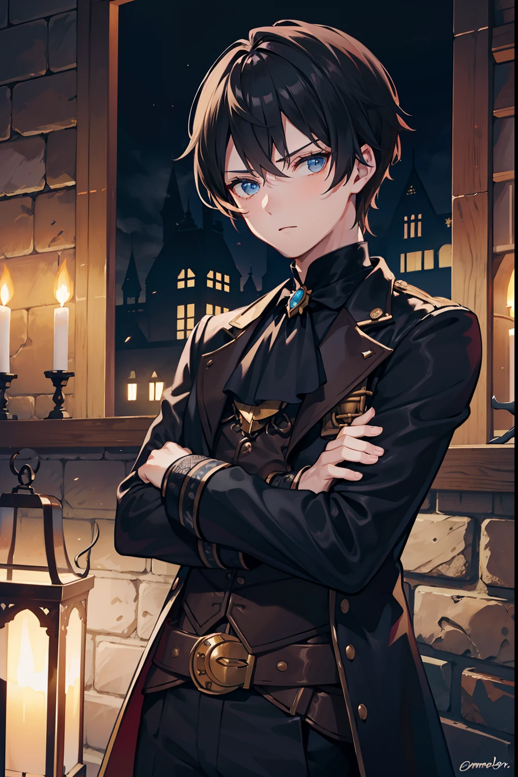 A dark-haired　Short hair　blue eyess　male people　twinks　{{ember}}　Castle courtyard　His arms folded 　steampunc　Dinner party