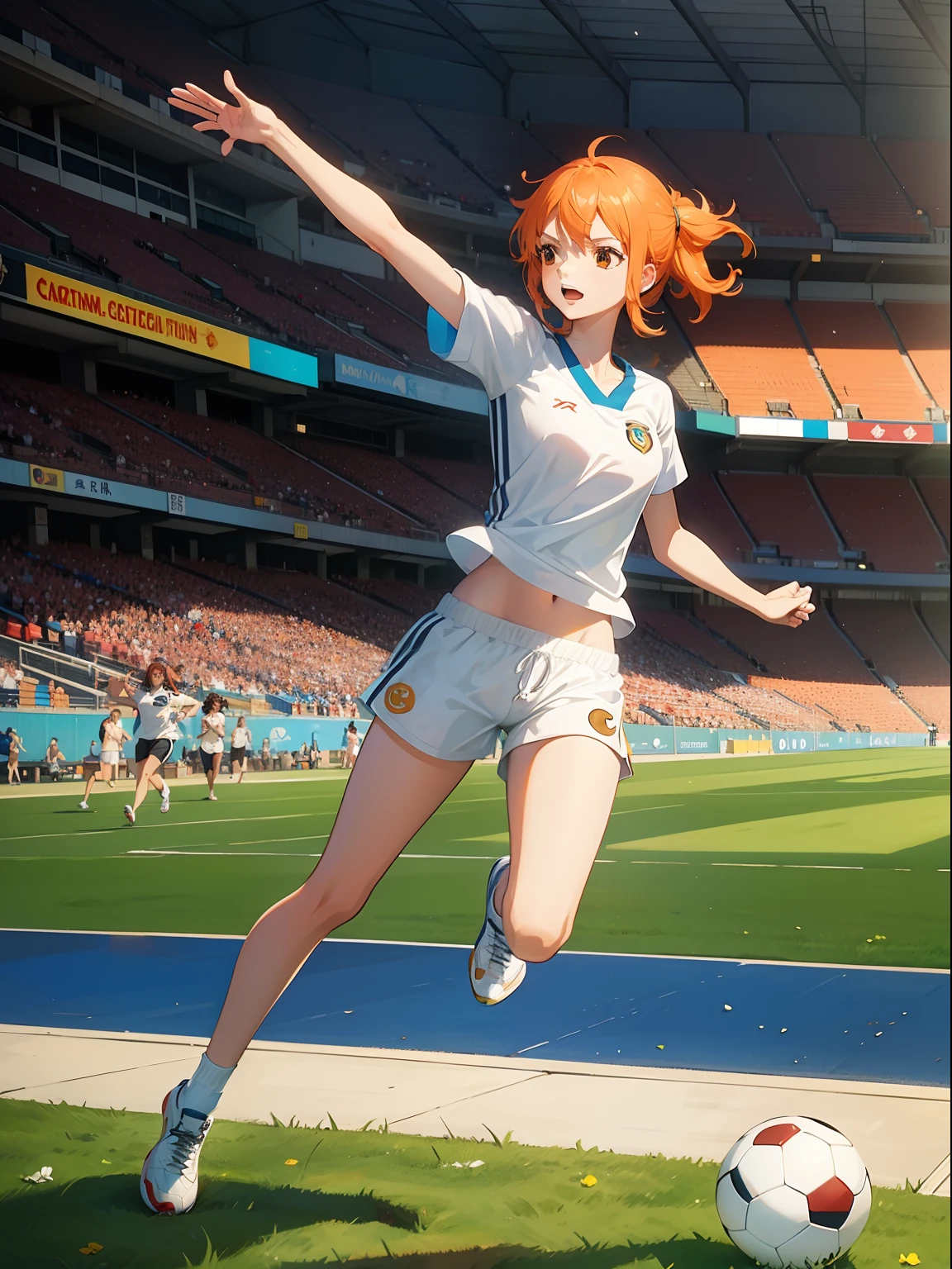 Nami with a white shirt and white shorts (running)(futball stadium)(full body)
