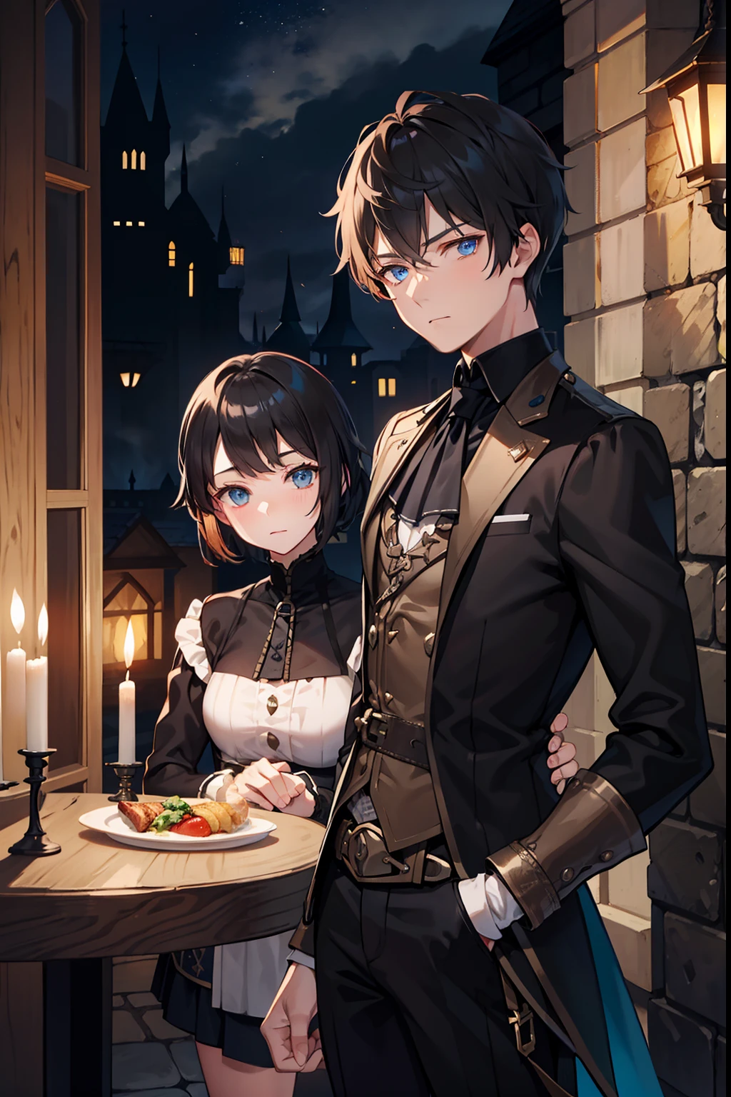 A dark-haired Short hair blue eyess male people twinks {{ember}} Castle courtyard His arms folded steampunc Dinner party