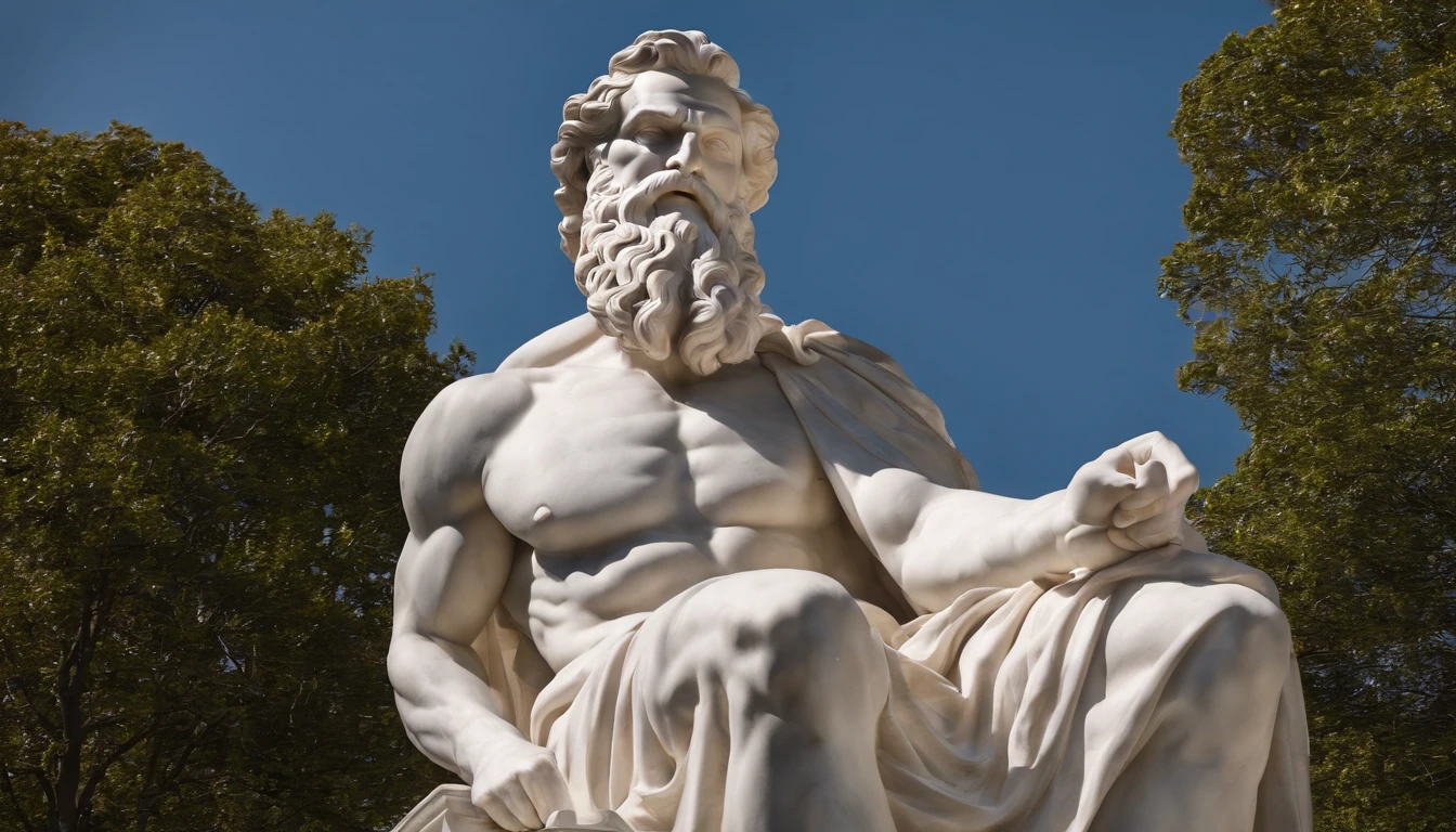 statue of EPICTETUS CONFIDENT AND STRONG MUSCULAR Stoic, white marble style, pensativo e confiante, fundo de templo, alta qualidade, detalhado
