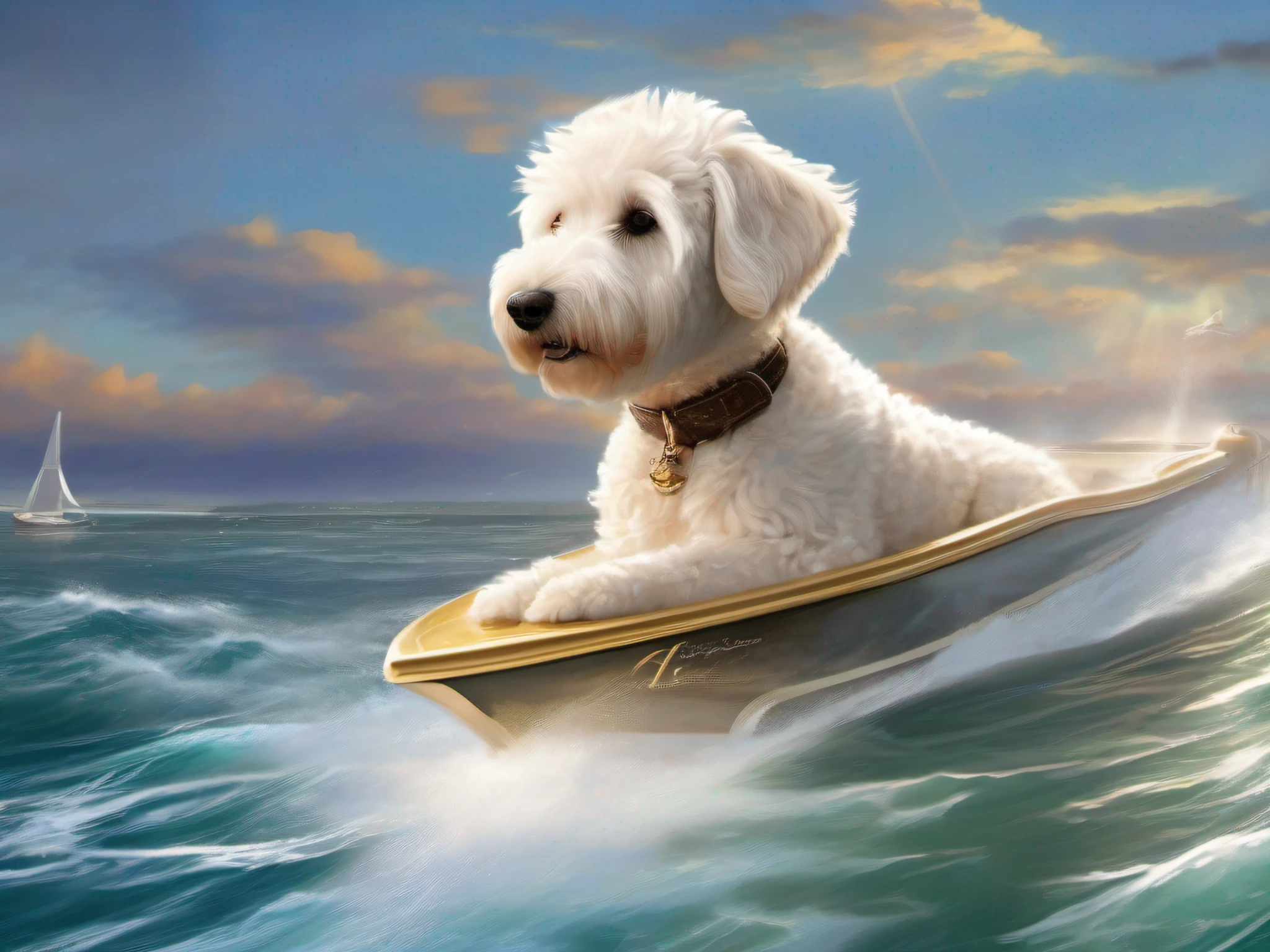 a white golden doodle riding a speed boat in the ocean