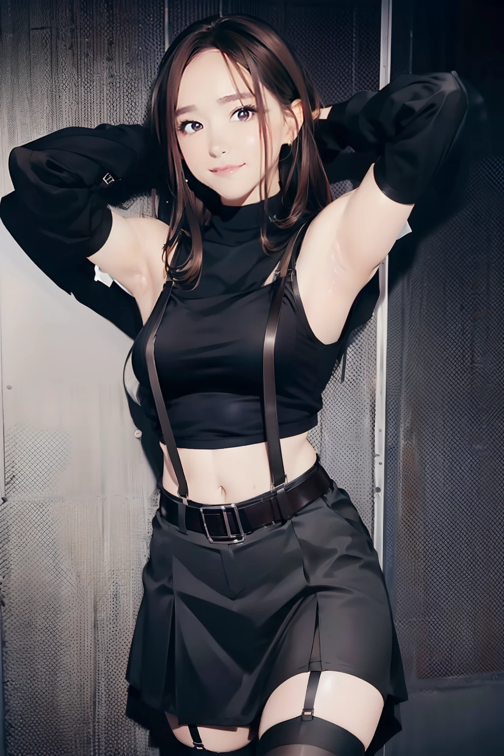 Black skirt, 　suspenders, Brown hair Gray eyes, Garter belt on the legs, Tight clothes, 　　 a belt　Armpit sweat　　Dark look　Moderate breasts