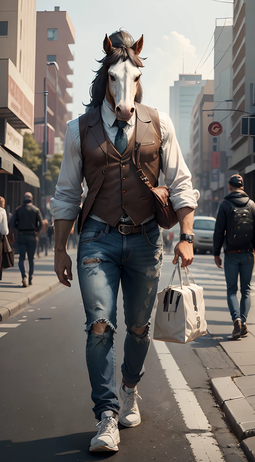 A cute anthropomorphic horse，(There are horse heads:1.2)，(The face is a delicate horse face)，The horse's face takes on an anthropomorphic expression，Wearing a vest，Suspender jeans，White sneakers，baseball cap，Wearing sunglasses，（Full body appearance），City streets，（depth of fields），（Movie lighting），（light and shadow effect），（Unreal 5），（tmasterpiece），（8k wallpaper），photorealestic，realisticlying