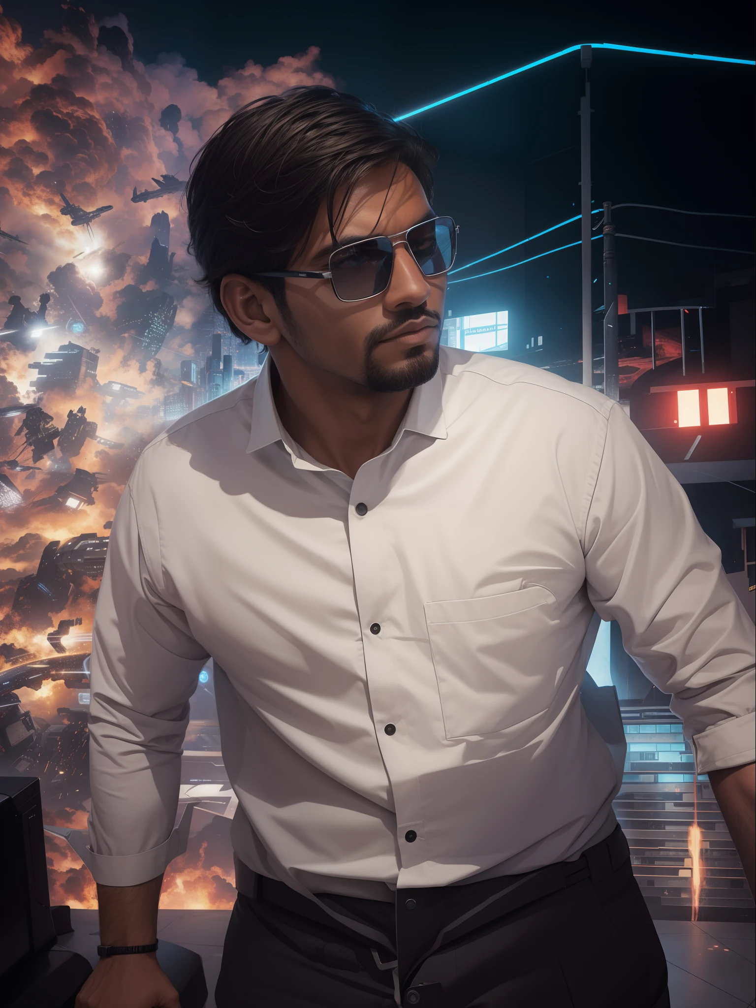 Change this man background,sci-fi