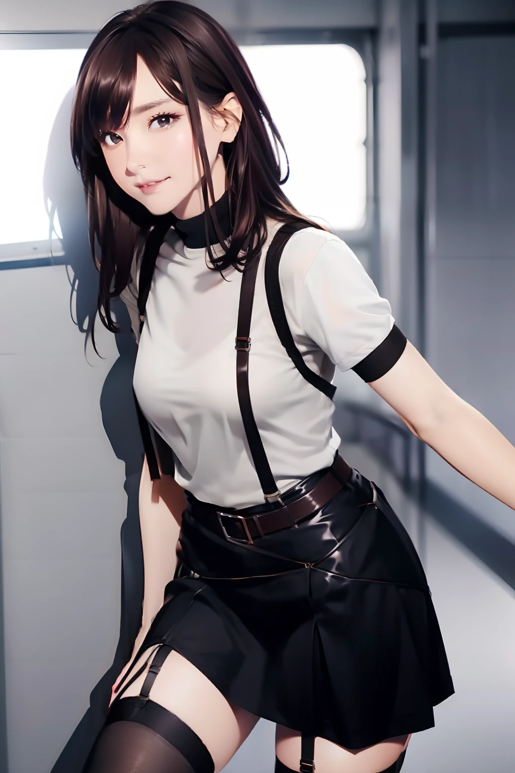 Black skirt, 　suspenders, Brown hair Gray eyes, Garter belt on the legs, Tight clothes, 　　 a belt　Armpit sweat　　Dark look　Moderate breasts