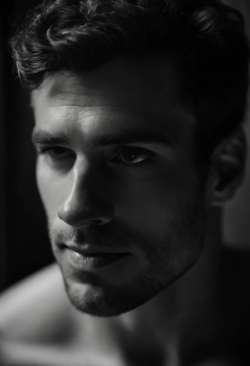 Ombres sensuelles: The Handsome Enigmatic Look - Immerse yourself in sensual shadows with an extreme close-up that highlights striking and short eyes, curly short brown hair, (shaven:1.3), (40 ans:1.3). The mastery of light and shadow adds depth to its masculine aspect in this dramatic composition........ Captured with a Fujifilm GFX 100S and a Fujinon GF 63mm f/2.Objectif 8 R WR --ar 9:16 --s 350 --c 10 --style brut