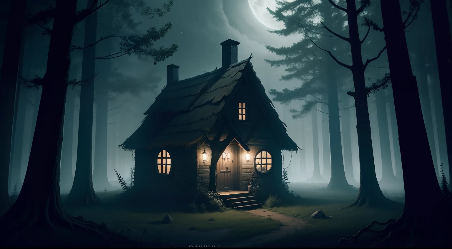 creepy witches cottage in the dark forest