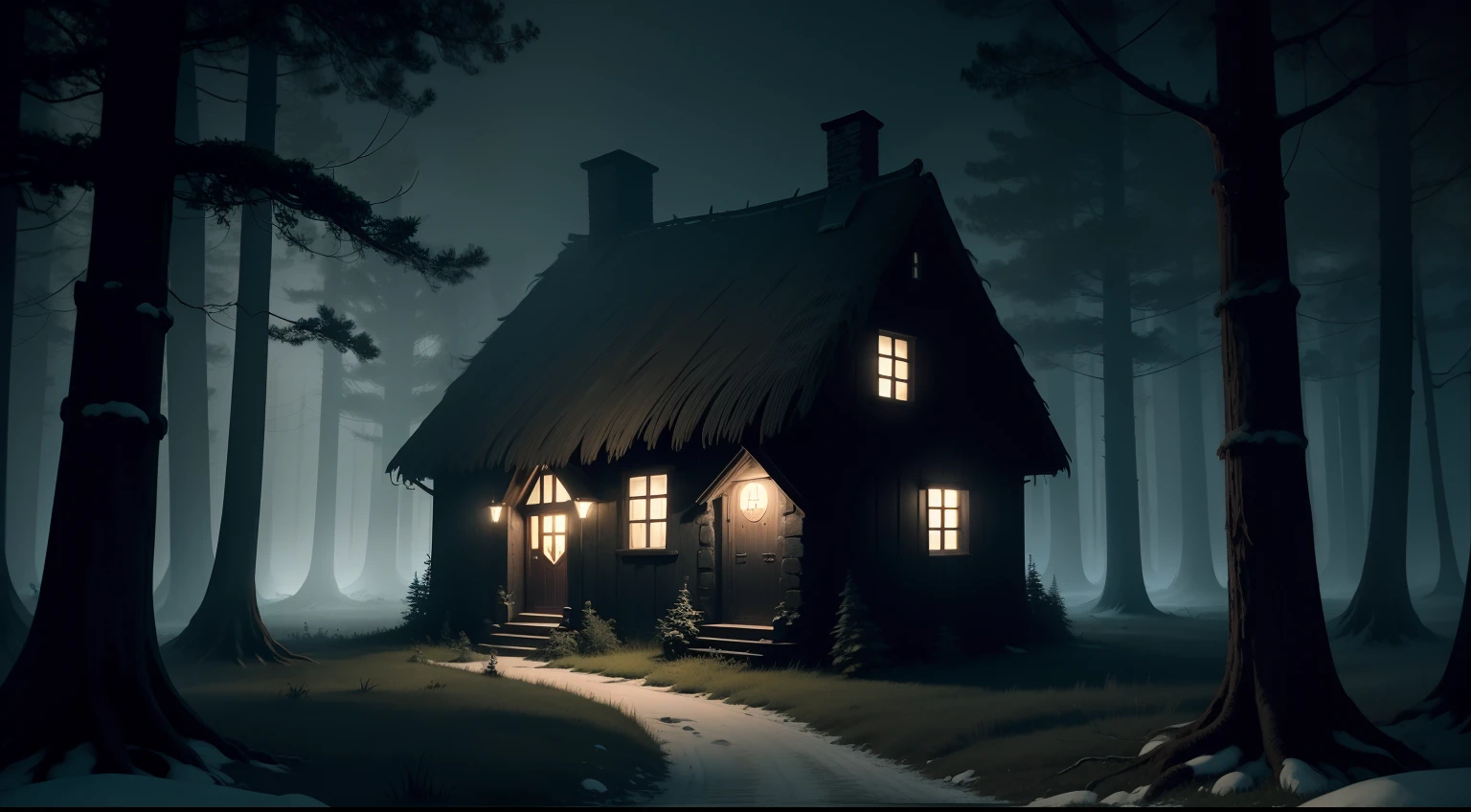 creepy witches cottage in the dark forest