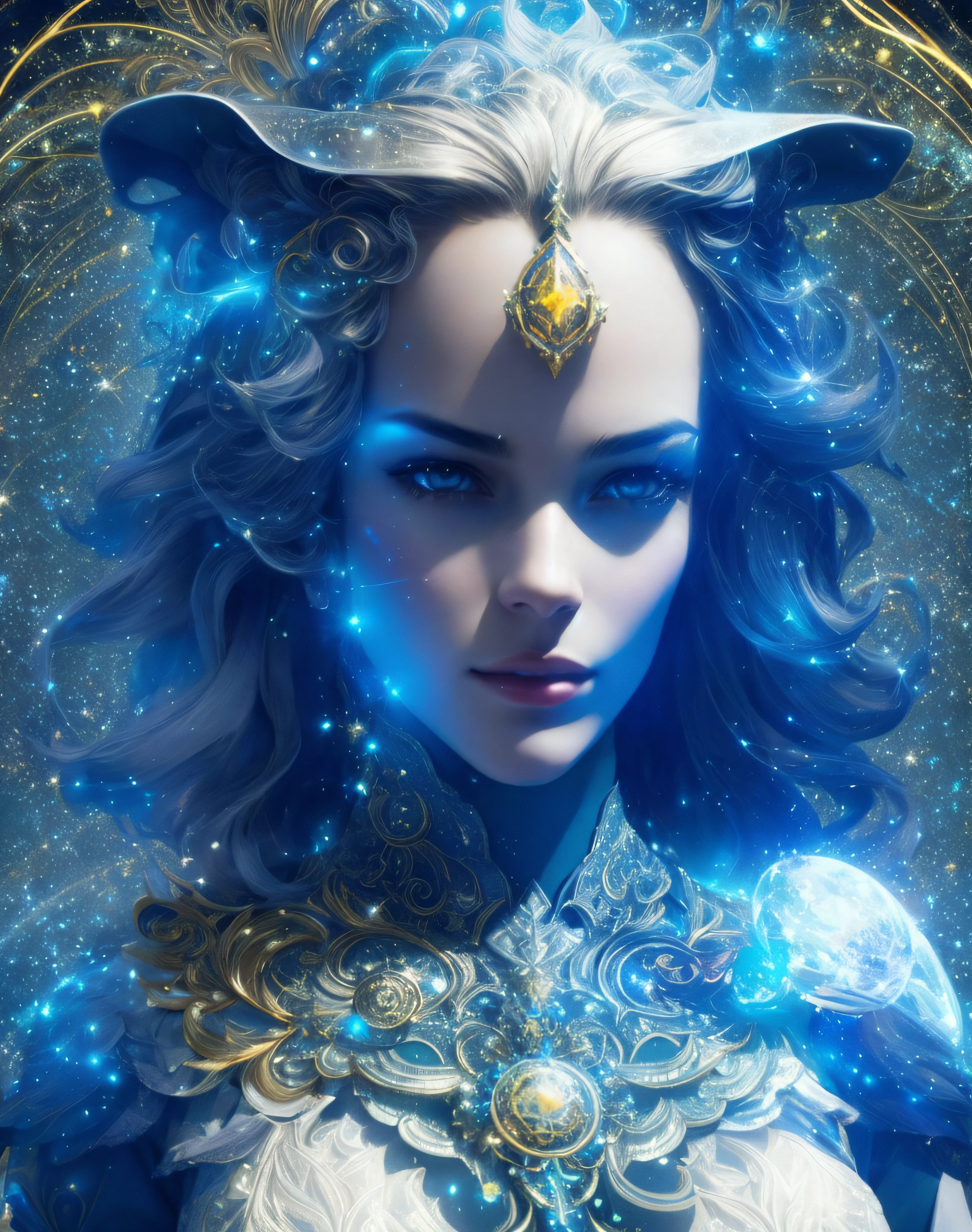Algorithmically enhanced random close-up view of a cosmic being covered in powerful Ultra Arcane magic sigils wearing an intricate living lightning fractal mane and lavishly adorned attire reflecting tactical sun-motes and diamond moon shards, quasi-cosmic vortex sub-model, bright nebulae in the background, 7th-Sphere characterized, golden ratio-ed, inner bio-illuminated geometry, starkest contrast,flagrantly fibonacci formulated, dynamic bi-lateral asymmetry, super-critically unique, quantum feedback algorithm frenzy, hyper-realistic, post singularity AI imperative, ironically staggered data set, active 3D shading, lighting and focus, random 3D particle effects, rule of thirds, Unreal Engine 10, art station, Maximum Level of detail, concept art, art nouveau, 8k, Iridescent Primalight, Hawking radiation collector with lucidity crystallizer and grade A temporal accumulator, spontaneous Kozyrev Mirror refraction, cosmic ray visionary, innate Jail Break Protocol