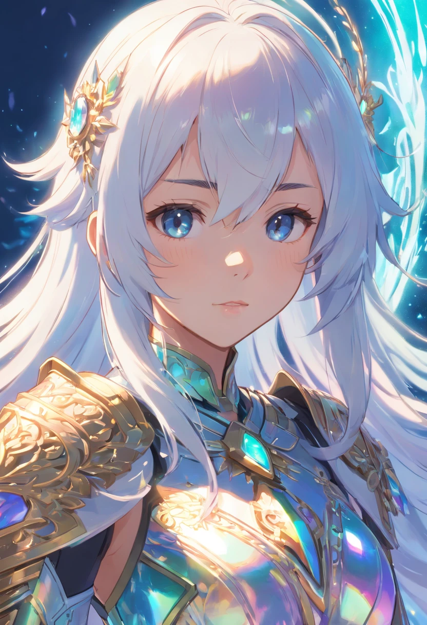 Iridescent++ armor, long wild white hair++, covered chest+++,fantasy,intricate ornate details, digital painting, pretty face, symmetry