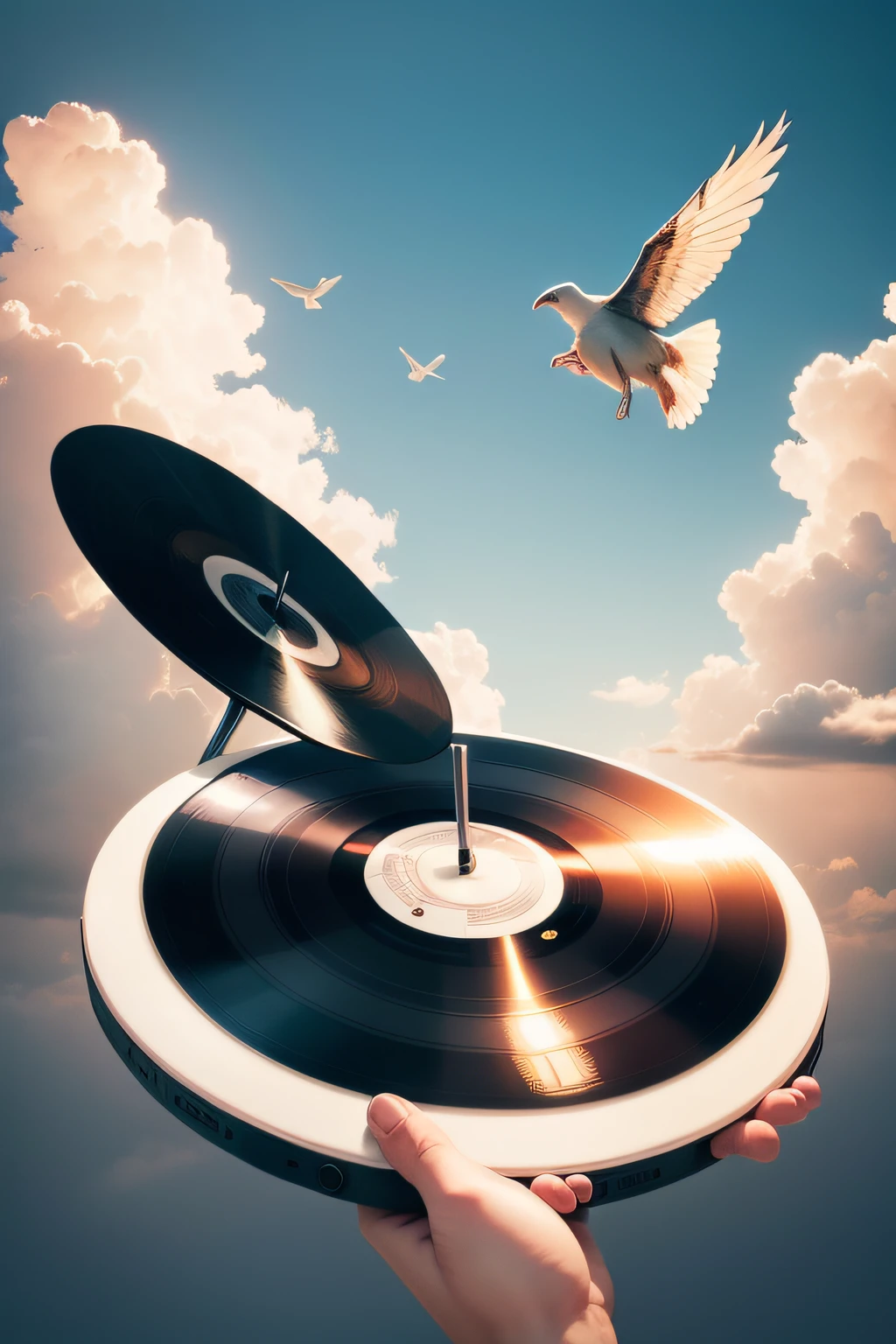 A vinyl record flying in the sky