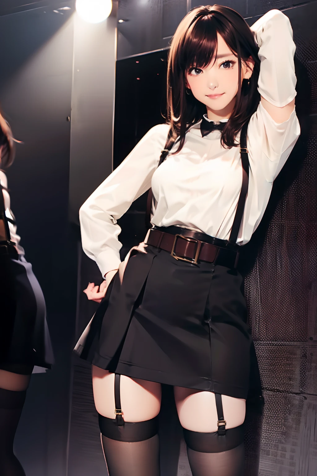 Black skirt, suspenders, Brown hair Gray eyes, Garter belt on the legs, Tight clothes, a belt Armpit sweat Dark look Moderate breasts