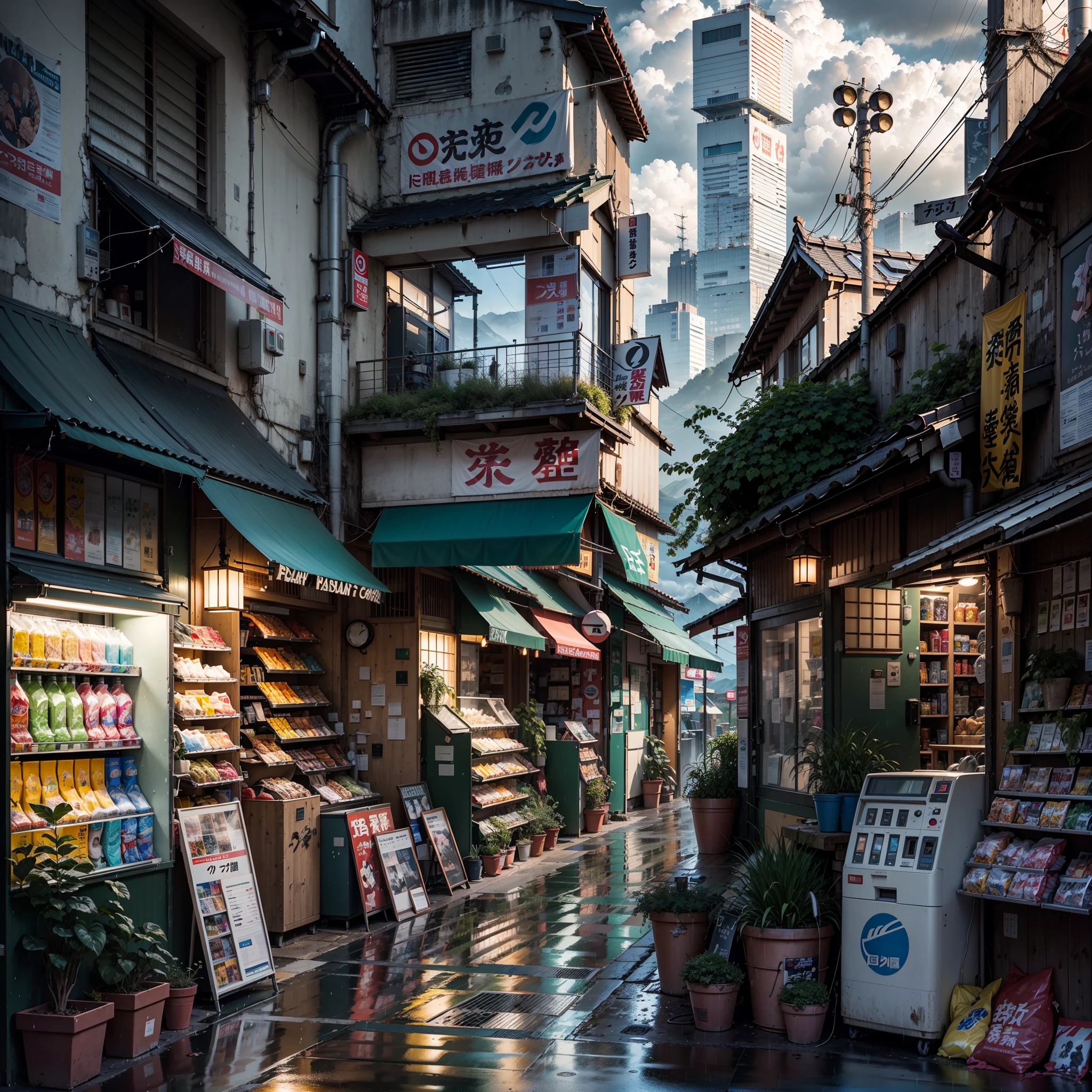 anime background, anime, anime style, lofi, lofi style. empty Modern Japanese street, Japanese shops, modern Japanese apartments. big retro Japanese banners and shop signs. plant pots, air vents, wires, gutters, vending machines, trash cans. rain, raining, heavy rain, gloomy weather, dramatic clouds. best quality. (no one: 1), no one, no one in sight, no people.  wide angle. slightly overgrown. mountains in the background