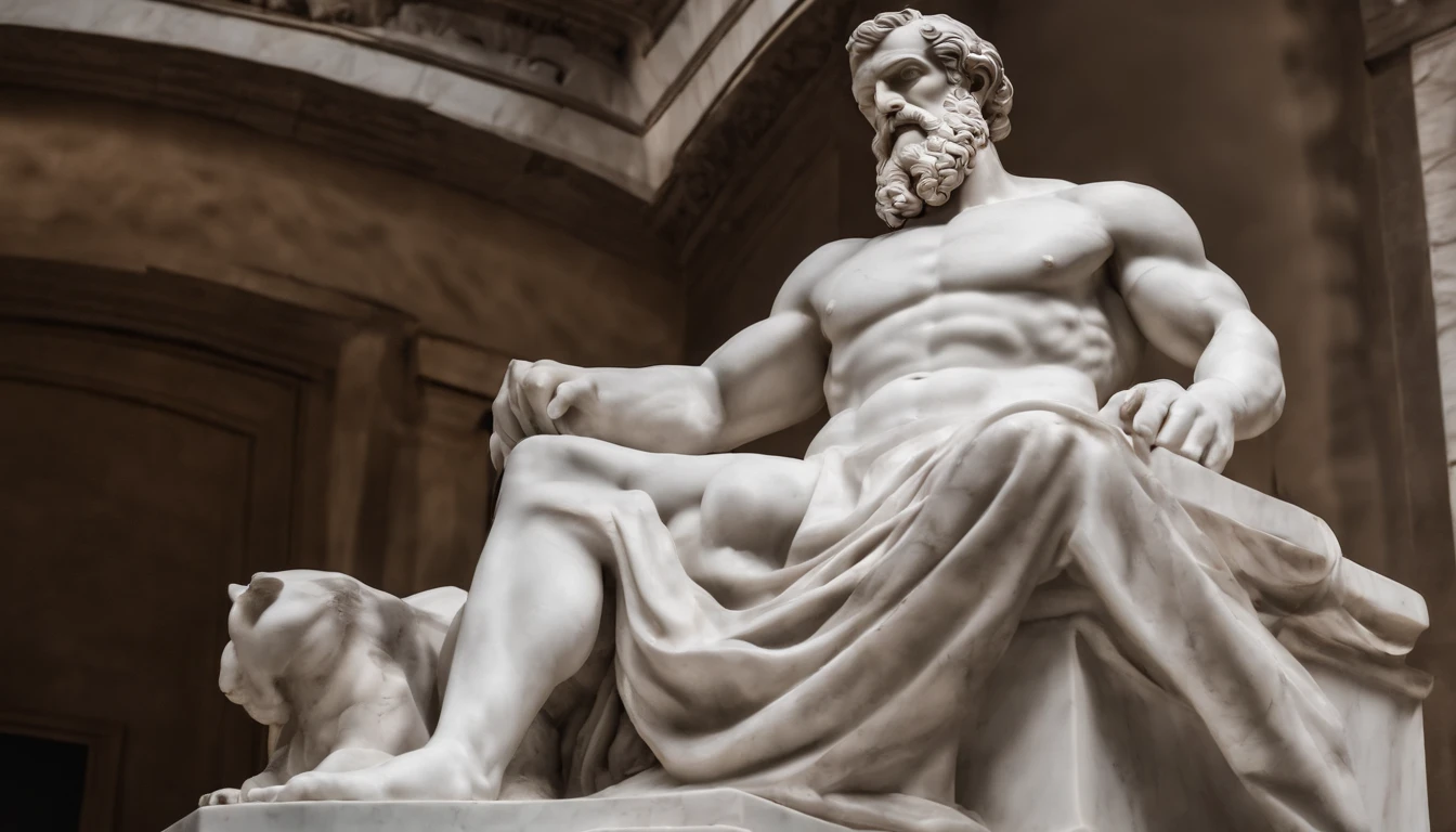 preto e branco, statue of EPICTETUS CONFIDENT AND STRONG MUSCULAR Stoic, white marble style, pensativo e confiante, fundo de templo, alta qualidade, detalhado