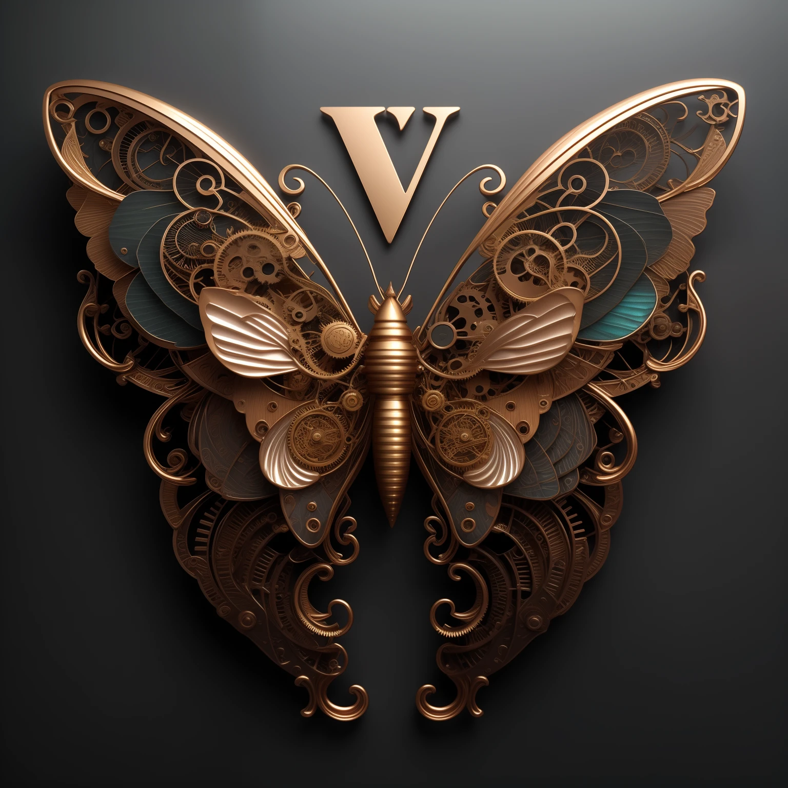 um close up de uma borboleta com intrincadas asas douradas, intricate 3 d illustration, borboleta steampunk, photo of a mechanical butterfly, Described as a 3D rendering, mechanical butterfly, Metamorfose Complex 3D render, Highly detailed illustration.", Thomas Veyrat intrincado, rendered illustration, vetor behance hd jesper ejsing, com simetria intrincada detalhada, Harmonia da borboleta. Crie a mesma logotipo no fundo branco