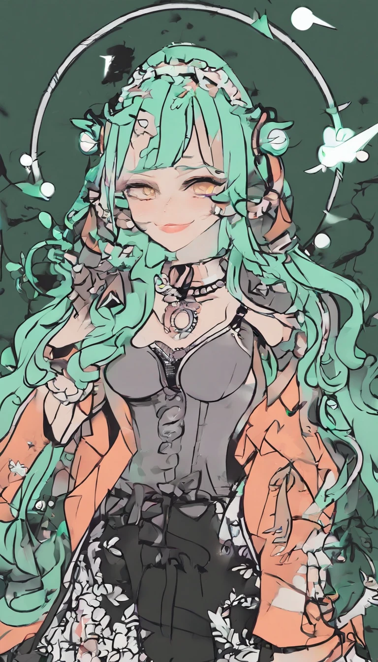 (masterpiece 8k, best quality: 1.2) Niji Slime, kawaii, anime, flat colors, cel shaded, horror theme, horror make_up, halloween, flames, 1girl, looking at viewer, smile, short hair, jewelry, earrings, choker, necklace, makeup, black choker, piercing, green_lipstick, portrait, green_hair, side lighting, neon lighting, rim lighting, specular highlights, ray tracing, quixel megascan, photon mapping, 3d work, volumetric lighting,