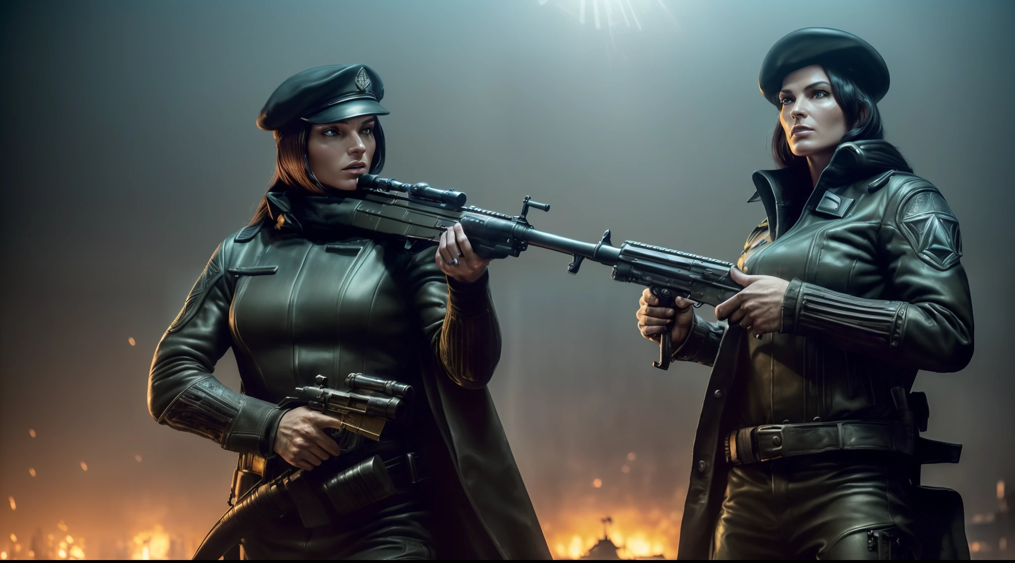 a woman in a steampunk military uniform is ready to fight in a battlefield, surrounded by threatening surreal figures.