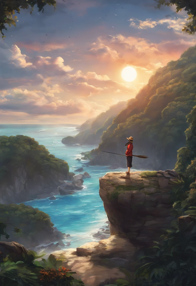 Estilo anime mokey de luffy, clima quente, ceu nublado
