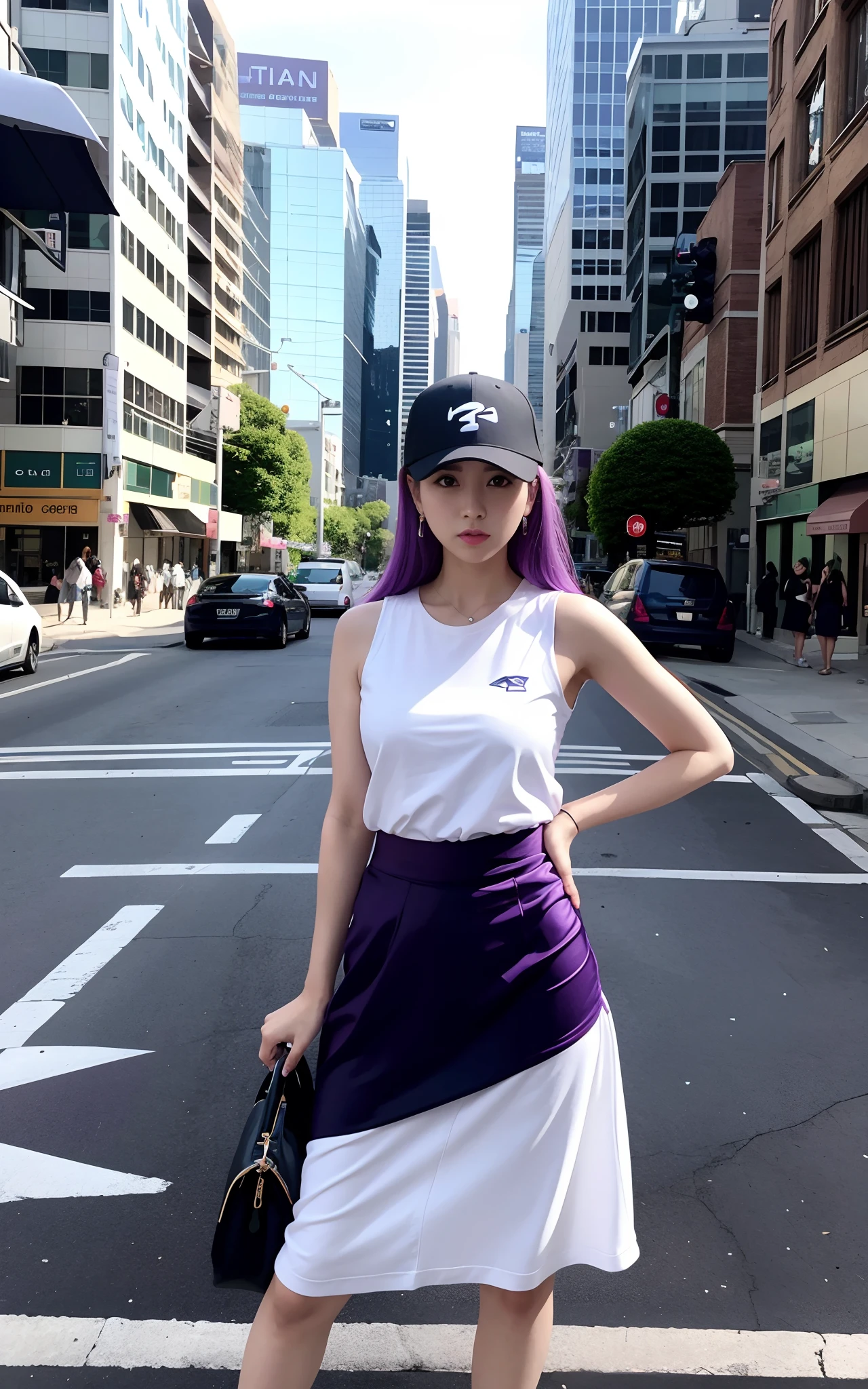 Arafe woman in white and purple dress and hat standing on city street, violet tight tanktop, white and purple, korean female fashion model, Jinyoung Shin, she is wearing streetwear, taejune kim, Wearing a purple hat, jossi of blackpink, Choi Hong Hwa, with ripped crop t - shirt, wearing a tanktop and skirt