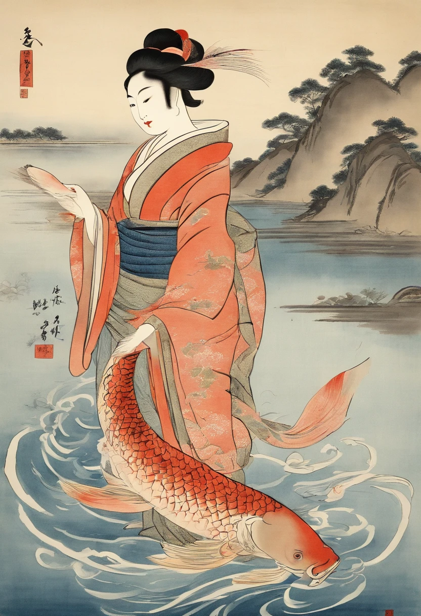 Best Quality, Kitagawa Utamaro's style, ukiyoe painting, Dancing Woman, (Floating carp), Flying carp