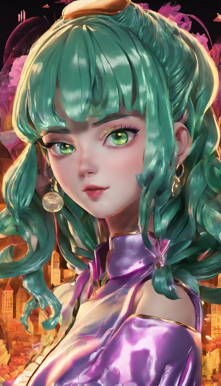 (masterpiece 8k, best quality: 1.2) Niji Slime, kawaii, anime, flat colors, cel shaded, horror theme, horror make_up, halloween, flames, 1girl, looking at viewer, smile, short hair, jewelry, earrings, choker, necklace, makeup, black choker, piercing, green_lipstick, portrait, green_hair, side lighting, neon lighting, rim lighting, specular highlights, ray tracing, quixel megascan, photon mapping, 3d work, volumetric lighting,