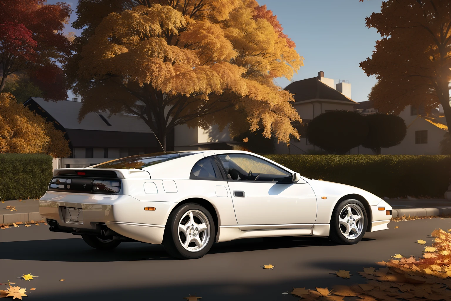 300ZX, white, sports car parked on a street covered with leaves in autumn in a (city:1.3), fall, global illumination, volumetric lighting, best quality, highly detailed, cgi, illustration, octane render,