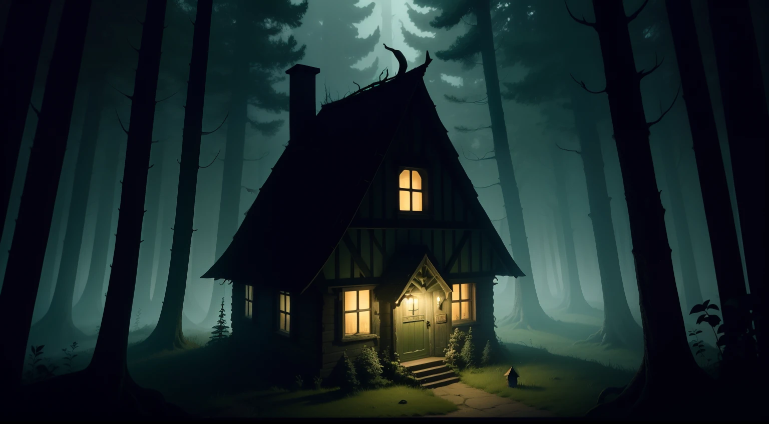 creepy witches cottage in the dark forest, green slime