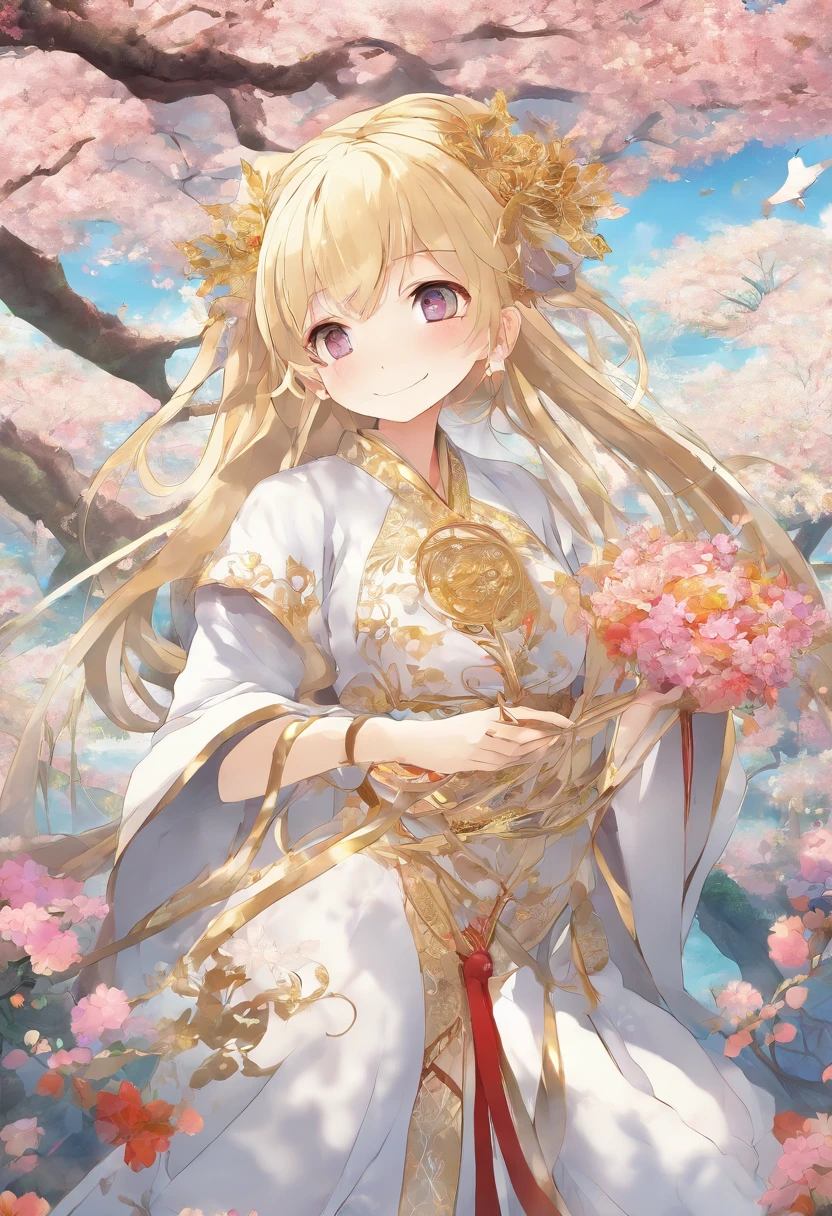 (masterpiece, high quality, super detail), one girl, blonde hair, ponytail, eyes closed, smiling, wearing long gold and white mage's robe, wearing beautiful ornaments, holding mage's staff, field of flowers all around, elm tree
