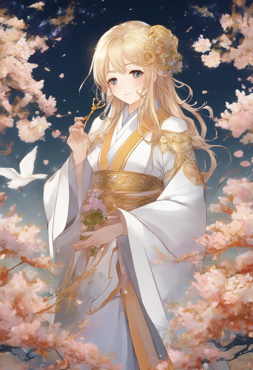 (masterpiece, high quality, super detail), one girl, blonde hair, ponytail, eyes closed, smiling, wearing long gold and white mage's robe, wearing beautiful ornaments, holding mage's staff, field of flowers all around, elm tree
