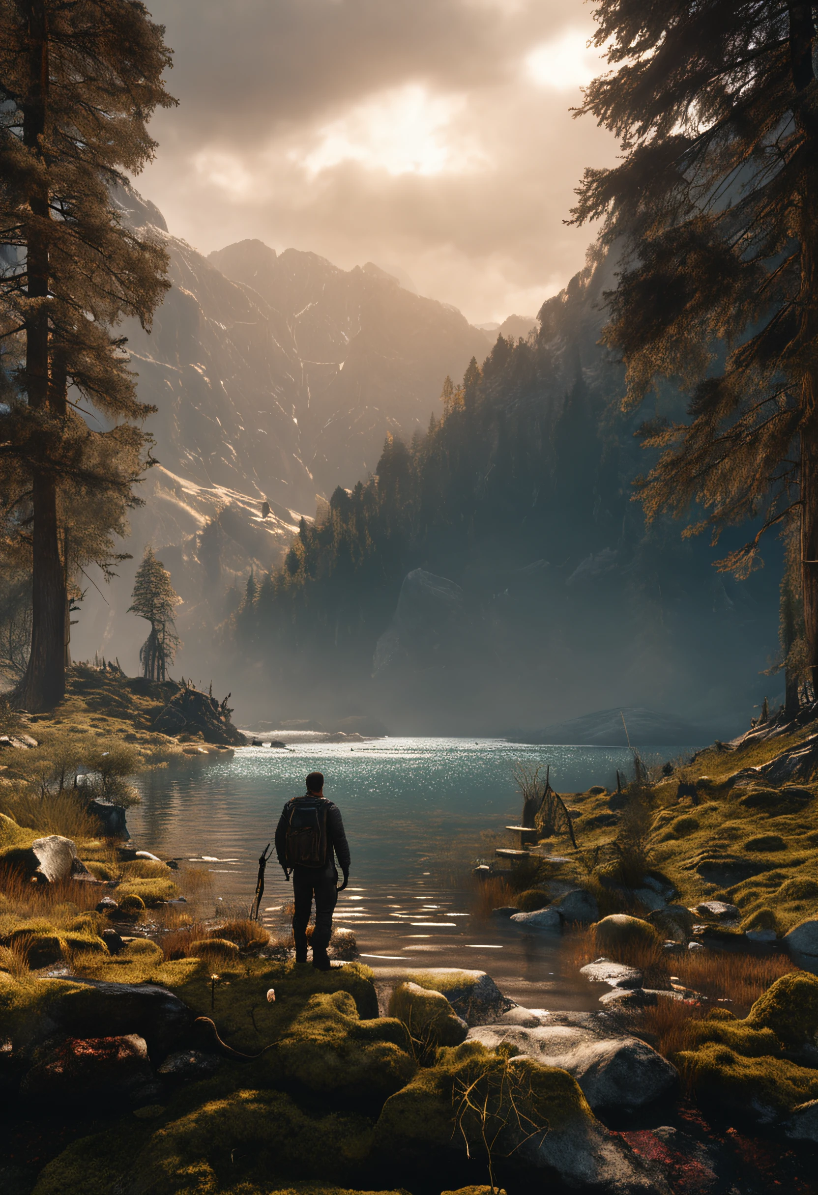 (Dark magic:1.2), (Grim:1.1) forest, springtime,A man stands in the Alps, (Intricate details), A mirror-like lake,(ultra - detailed), 8k hdr, high detal, A lot of detail, High quality,Tyndall effect, (Colored:1.3)