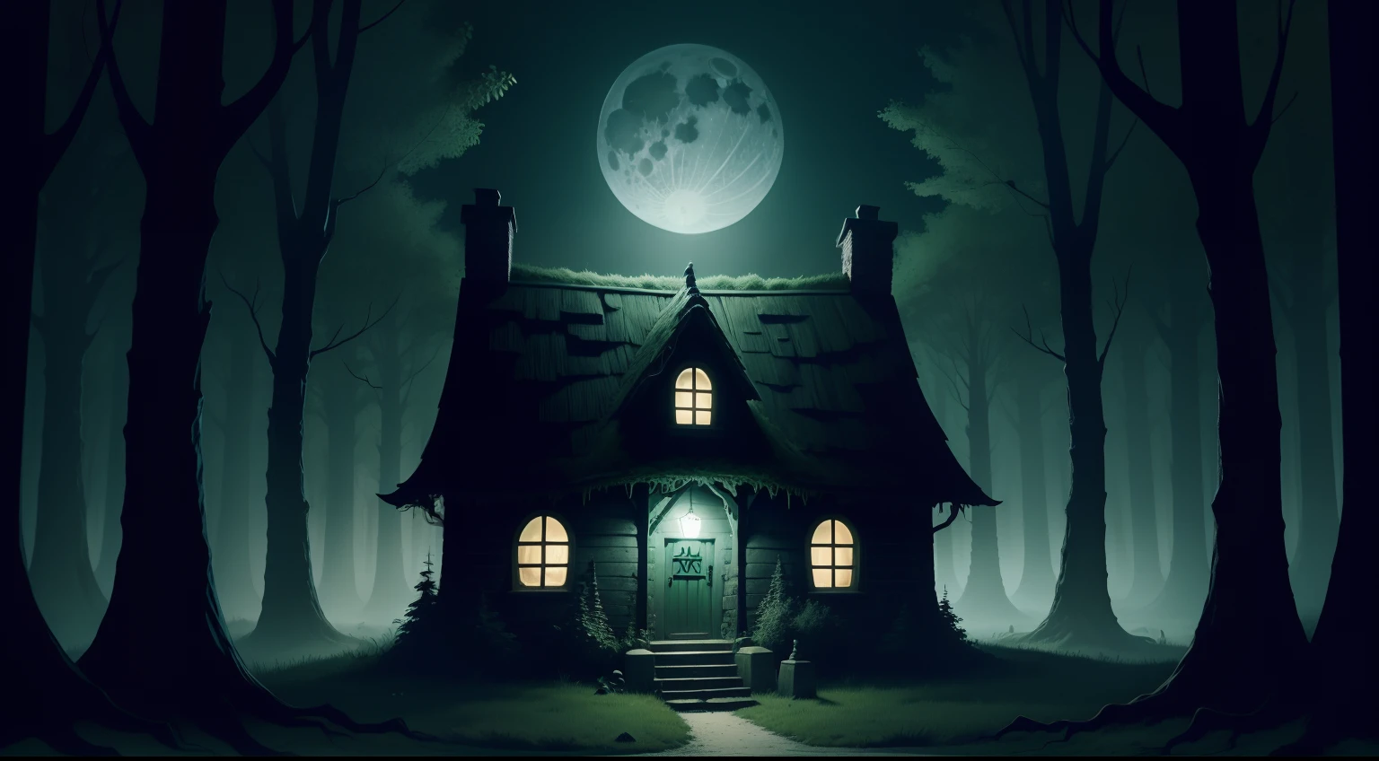 creepy witches cottage in the dark forest, green slime, full moon