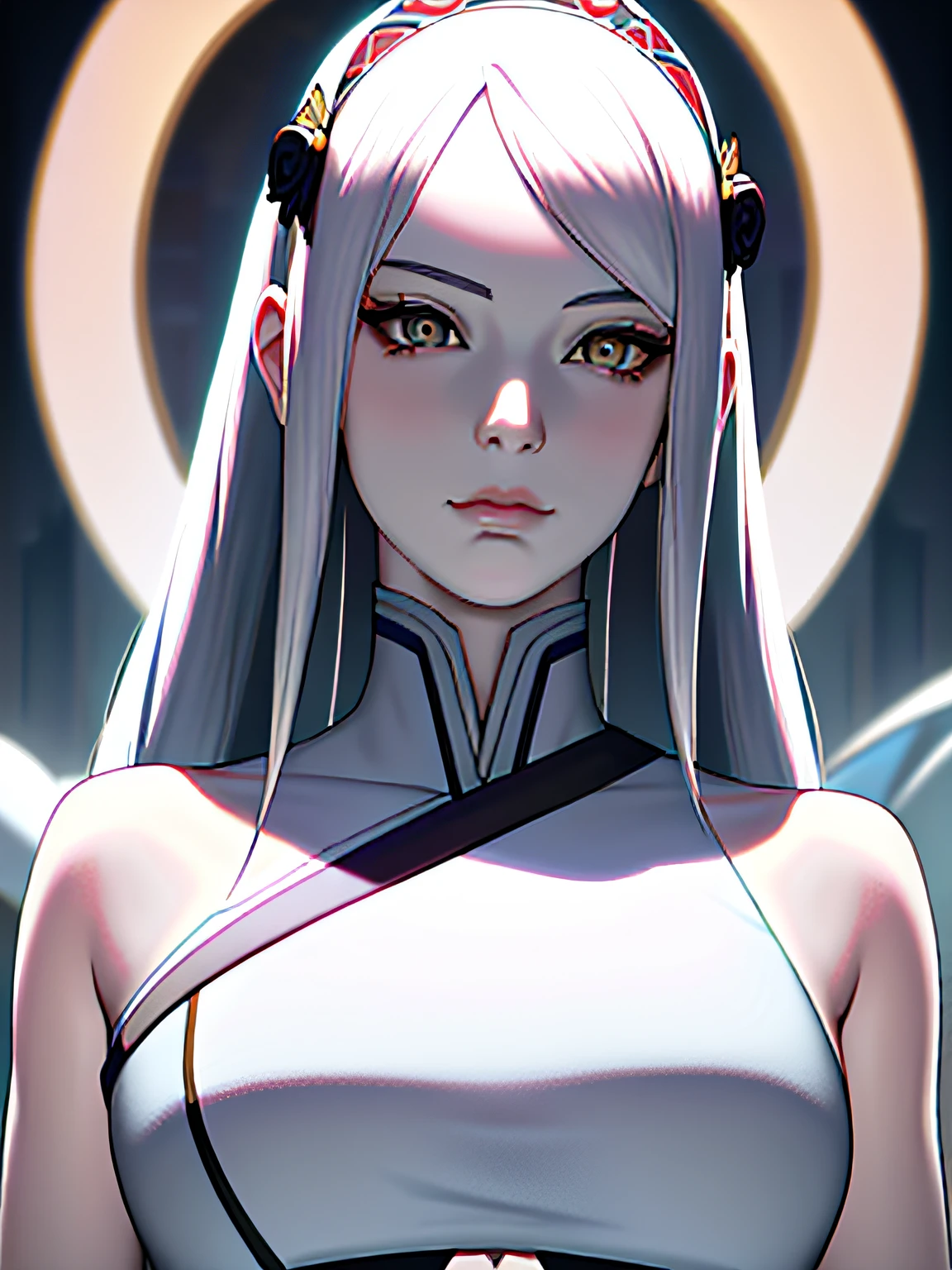 Masterpiece, Highest quality, (solofocus), (Perfect face:1.1), (High detail:1.1),Dramatic, 1人, (Pale skin), Long white hair, White eyes, [Light eyebrows], Solo, Venetian mask, white luxury suit, covered navel, pouty lips, Covered, ball room, Detailed background, Art by Artgerm and Greg Rutkowski,  Cinematic lighting, rosette