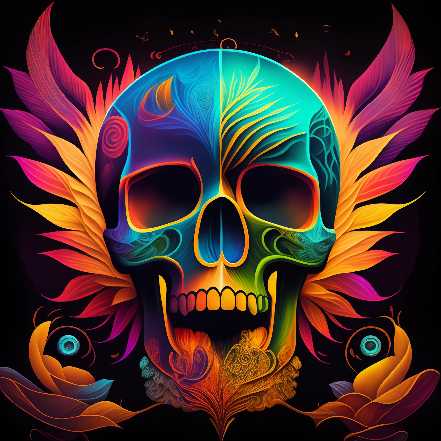 Hay dos calaveras que llevan gafas de sol y una lleva corbata, Colorful illustration, half skull half face, pintura de calavera, Arte LGBT, skull design for a rock band, La vida y la muerte se mezclan, in digital illustration style, Esqueleto de ska y novia, Arte de camiseta multicolor, Estilo Alex Gray, Viaje LSD, skulls, Estilo Dark Psychedelia