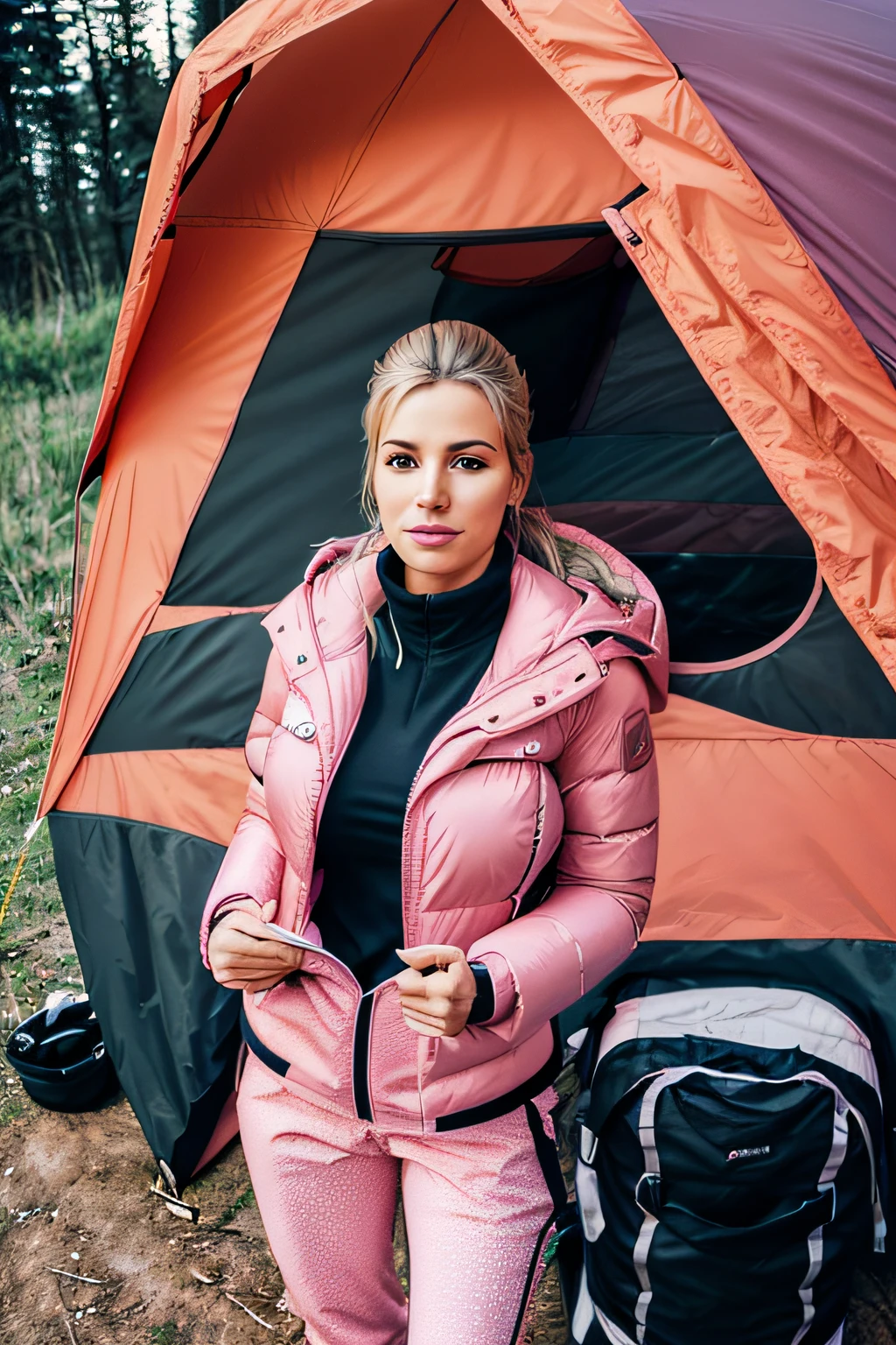 Make a woman with big breast, pink pufferjacket , with open zipper, with face, body, landscape, travelbag, pinkpants. campfire, tent, German Shepard dog,