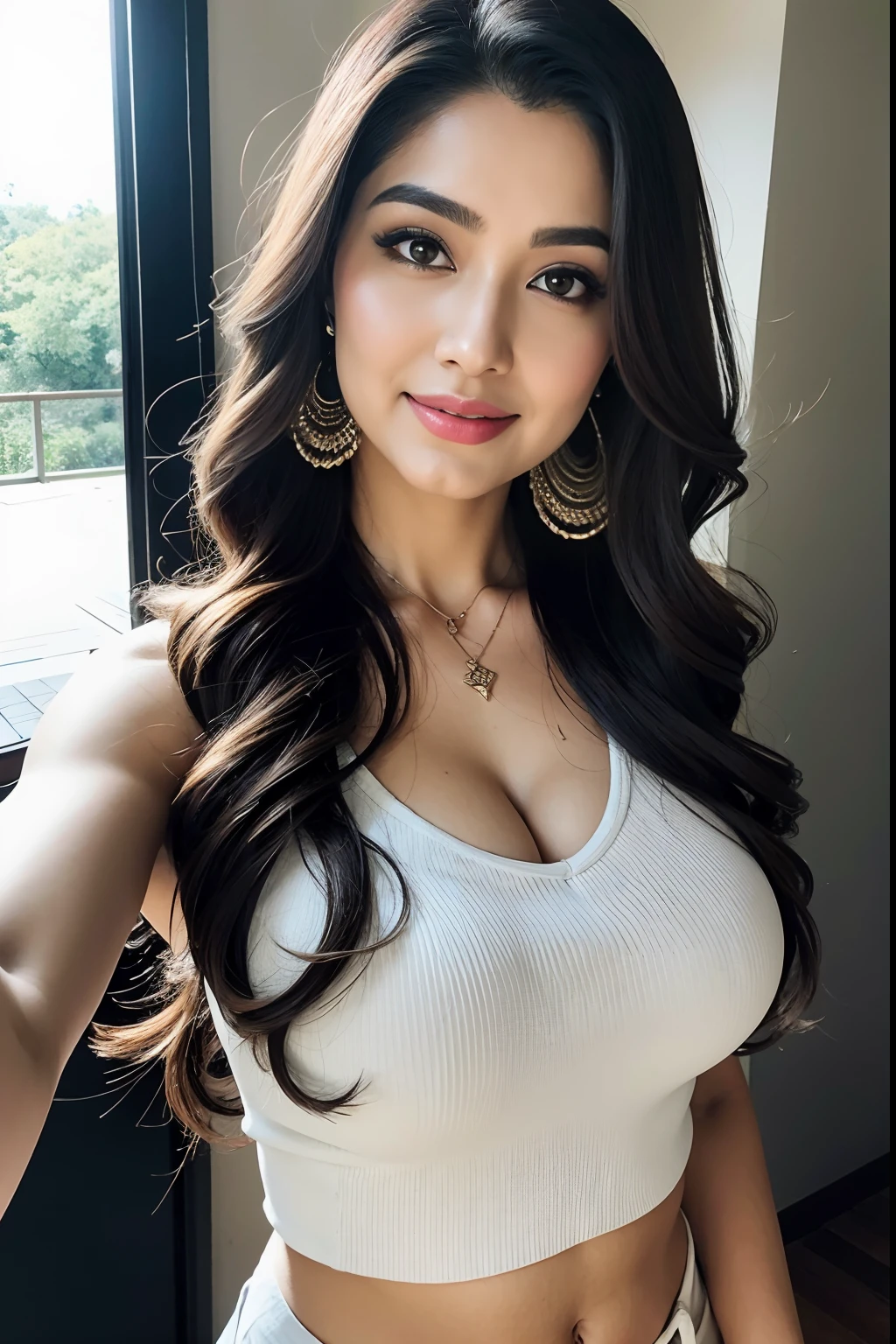 Portrait of A confident-looking Indian woman with  long and thick hair, hazel eyes, a tank top, white, shorts, a smile on her face, a lusty look, d-cup breast, perfect composition, hyperrealistic, super detailed, 8k, high quality, trending art, trending on artstation, sharp focus, studio photo, intricate details, highly detailed,selfie from the forest