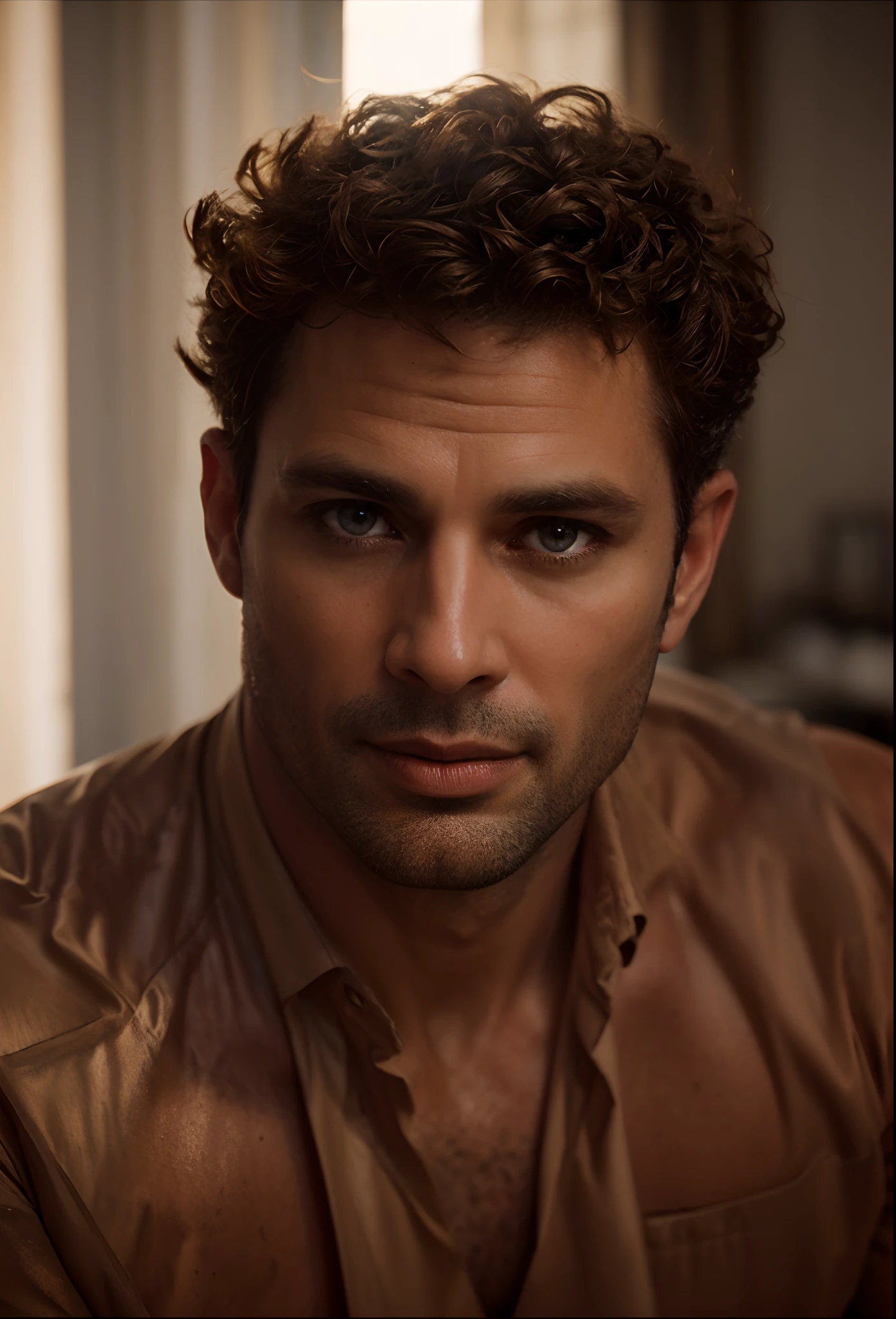 Ombres sensuelles: The Handsome Enigmatic Look - Immerse yourself in sensual shadows with an extreme close-up that highlights striking and short eyes, curly short brown hair, (shaven:1.3), (40 years old:1.3). The mastery of light and shadow adds depth to its masculine aspect in this dramatic composition....... Captured with a Fujifilm GFX 100S and a Fujinon GF 63mm f/2.Objectif 8 R WR --ar 9:16 --s 350 --c 10 --style brut