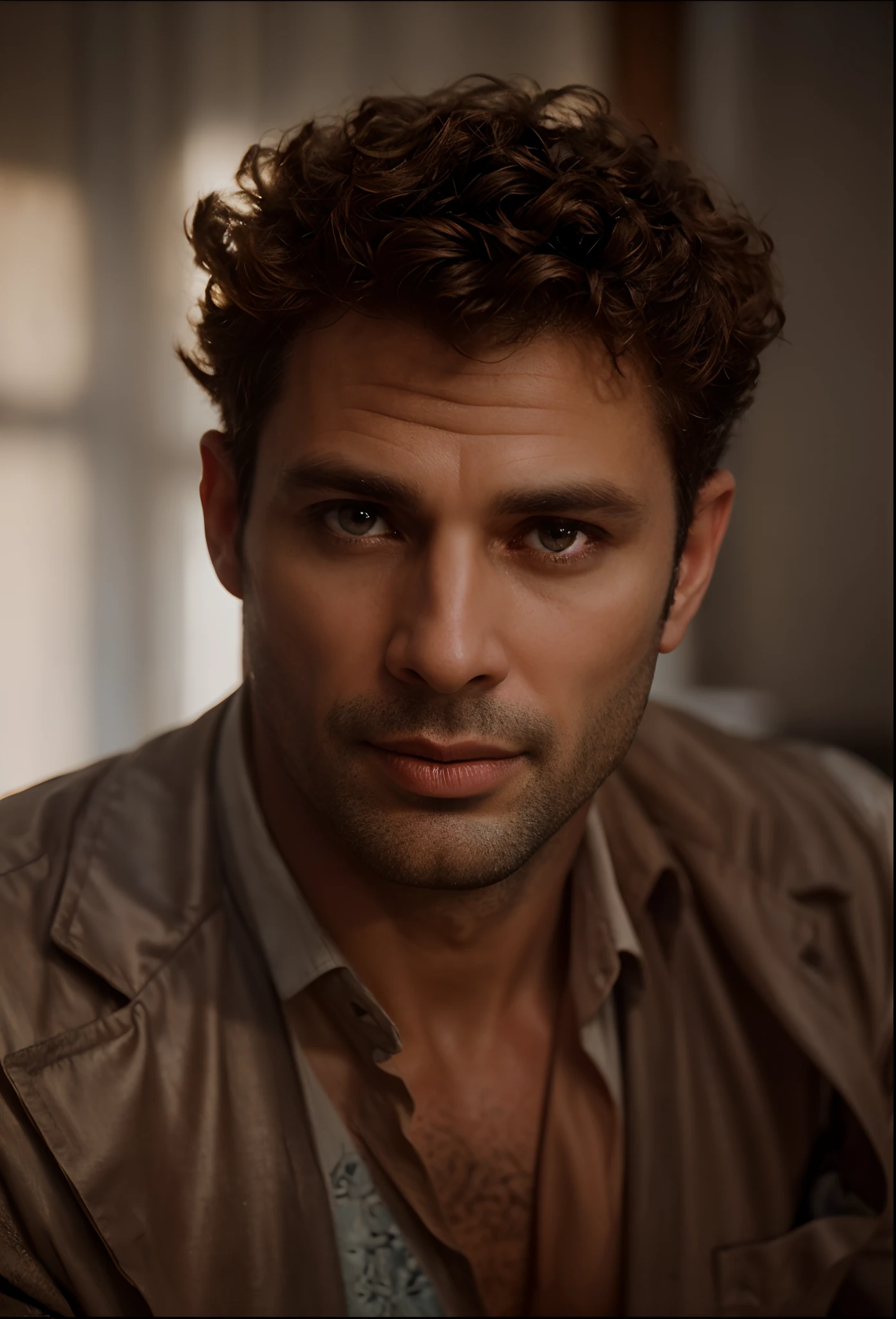 Ombres sensuelles: The Handsome Enigmatic Look - Immerse yourself in sensual shadows with an extreme close-up that highlights striking and short eyes, curly short brown hair, (shaven:1.3), (40 years old:1.3). The mastery of light and shadow adds depth to its masculine aspect in this dramatic composition....... Captured with a Fujifilm GFX 100S and a Fujinon GF 63mm f/2.Objectif 8 R WR --ar 9:16 --s 350 --c 10 --style brut