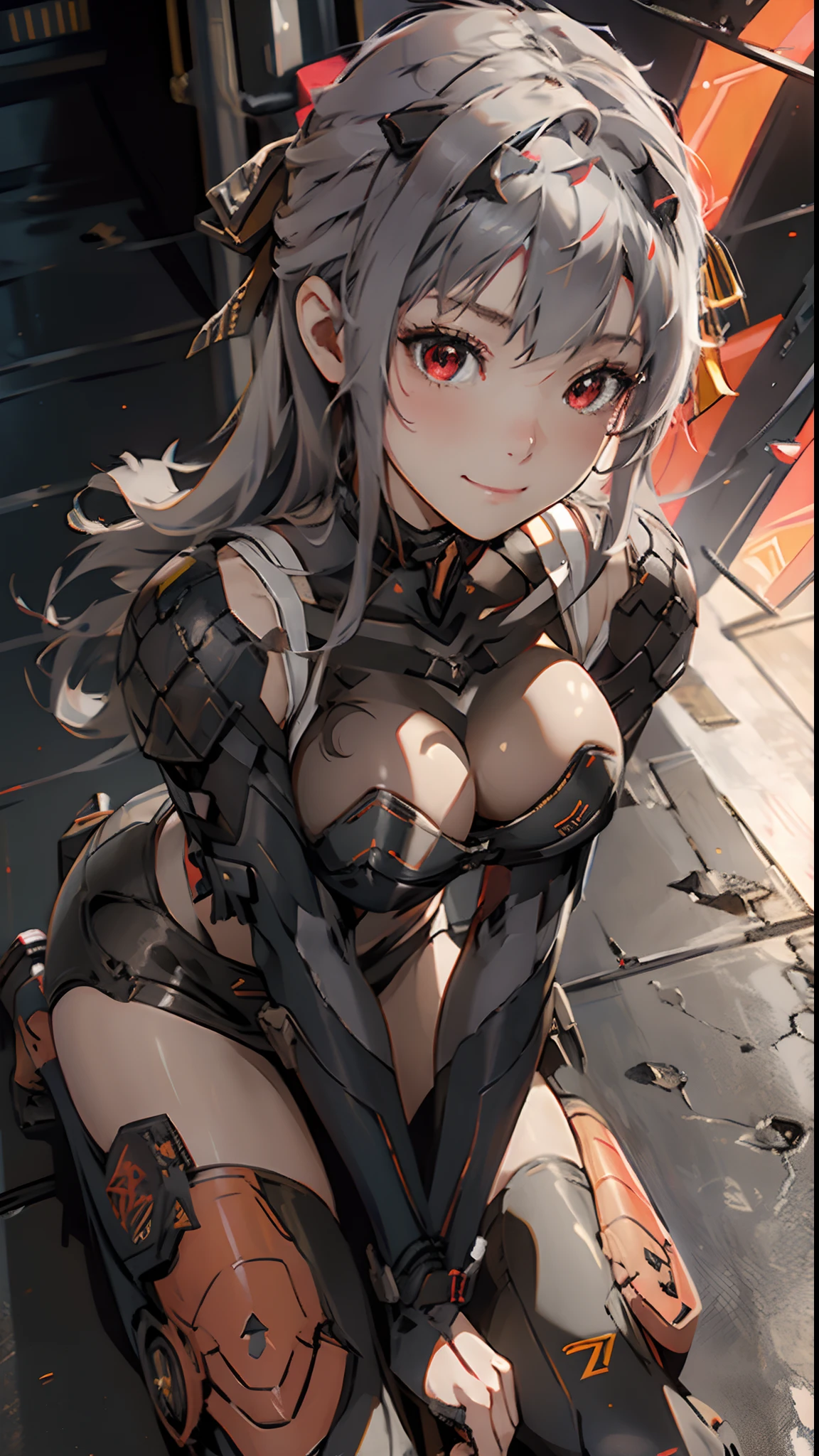 1 girl, tie up hair, left side swept hair, long gray hair, red eyes, innocent smile, black mech armor, cool and sexy face, black thigh knee sock, 8, Sharp face, Yellow ribbon at the ear, battlefield, outside, head bondage, black steel boot, standing, , modernia, massive cannon, one person, alone, 1 head, 2 hands, 2 legs