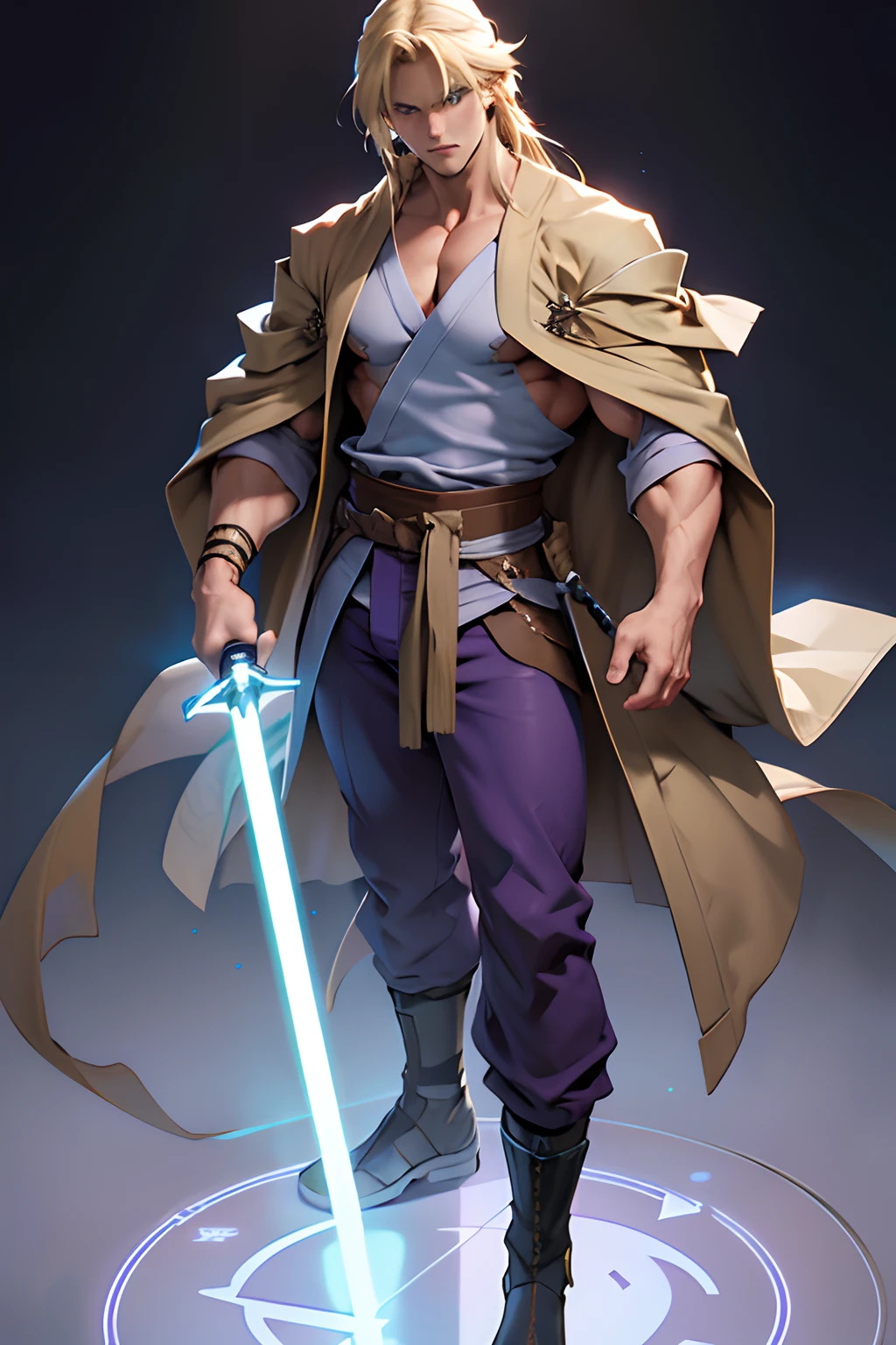 Height 175 cm, the optimal height, Straight blonde shoulder-length hair, a round face, and blue eyes, tight clothing, body full of muscles; ripped abs, V-shaped body, thick waist, long legs, strong arms. Jedi robe,  purple Lightsaber, brown pants