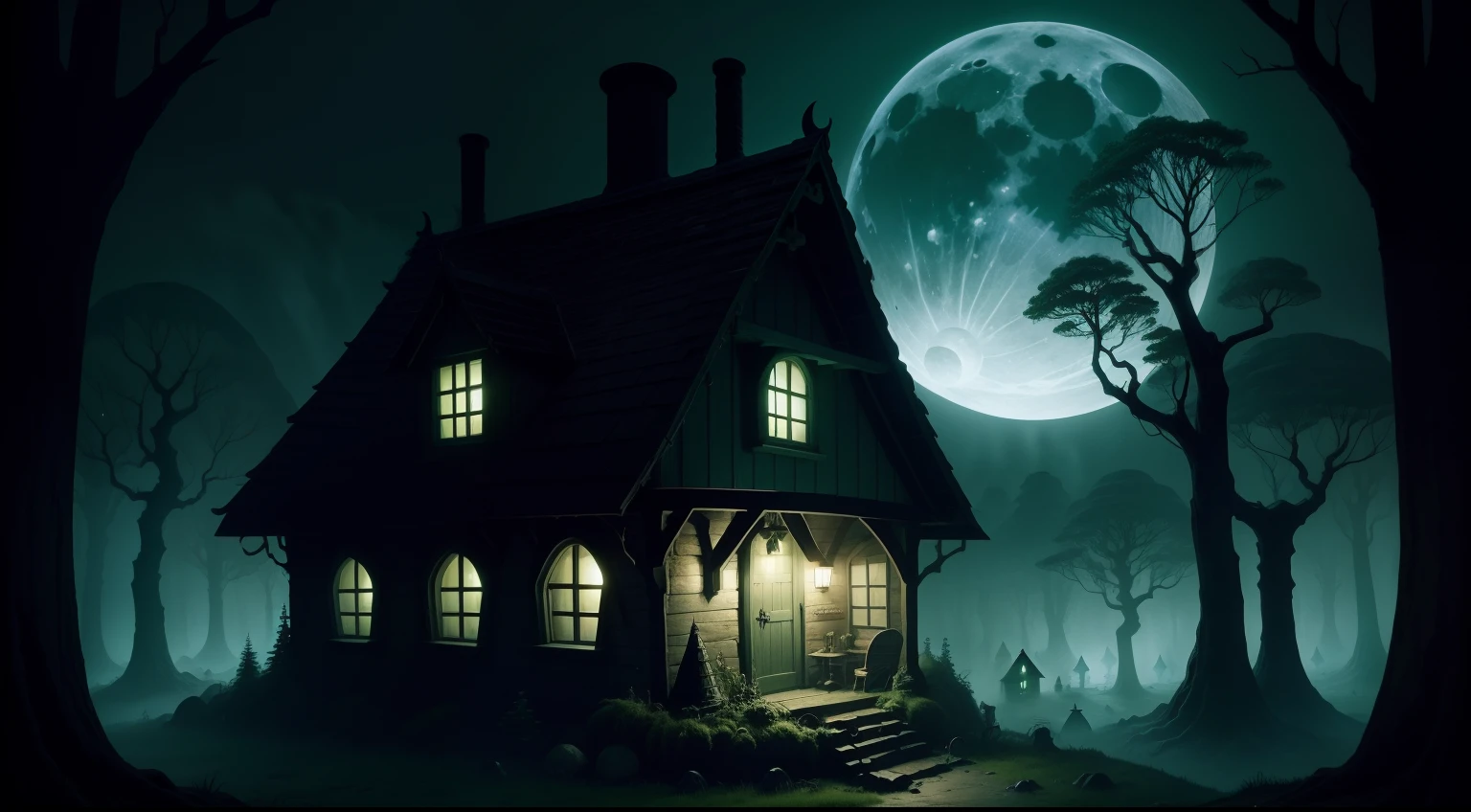 creepy witches cottage in the dark forest, green slime, full moon, imps on roof