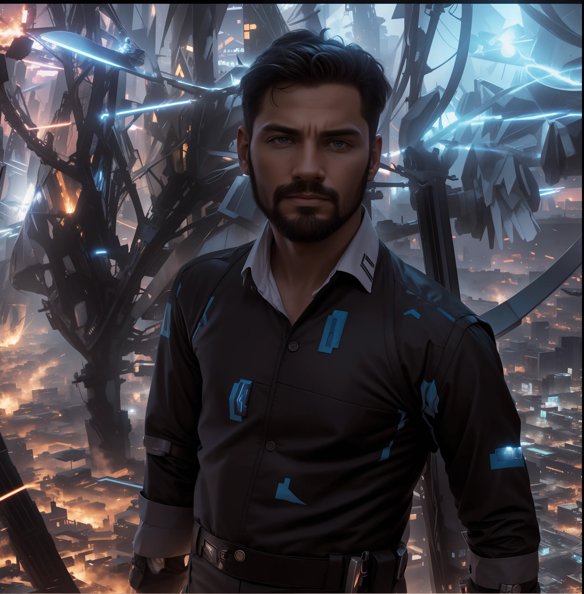 Change this man background, change this man outfit,city, sci-fi, photography