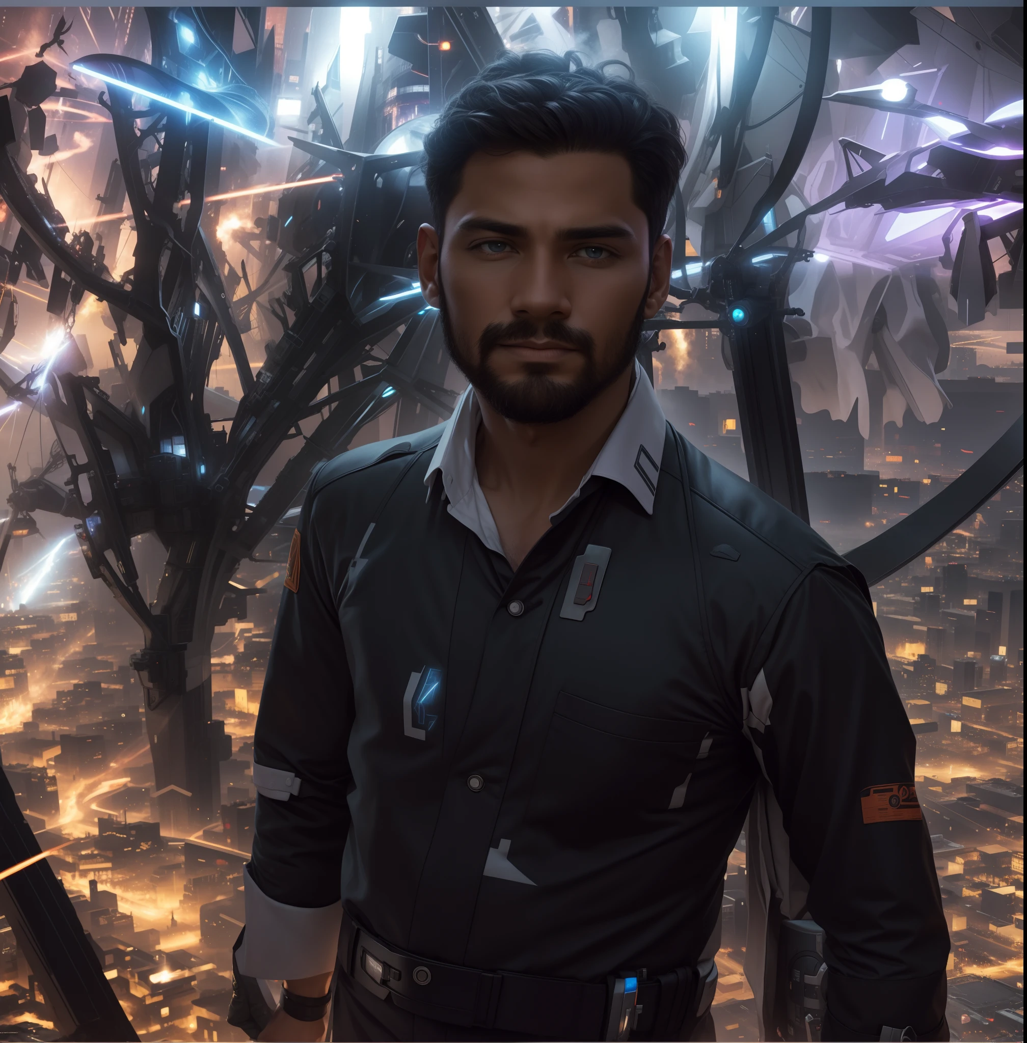 Change this man background, change this man outfit,city, sci-fi, photography