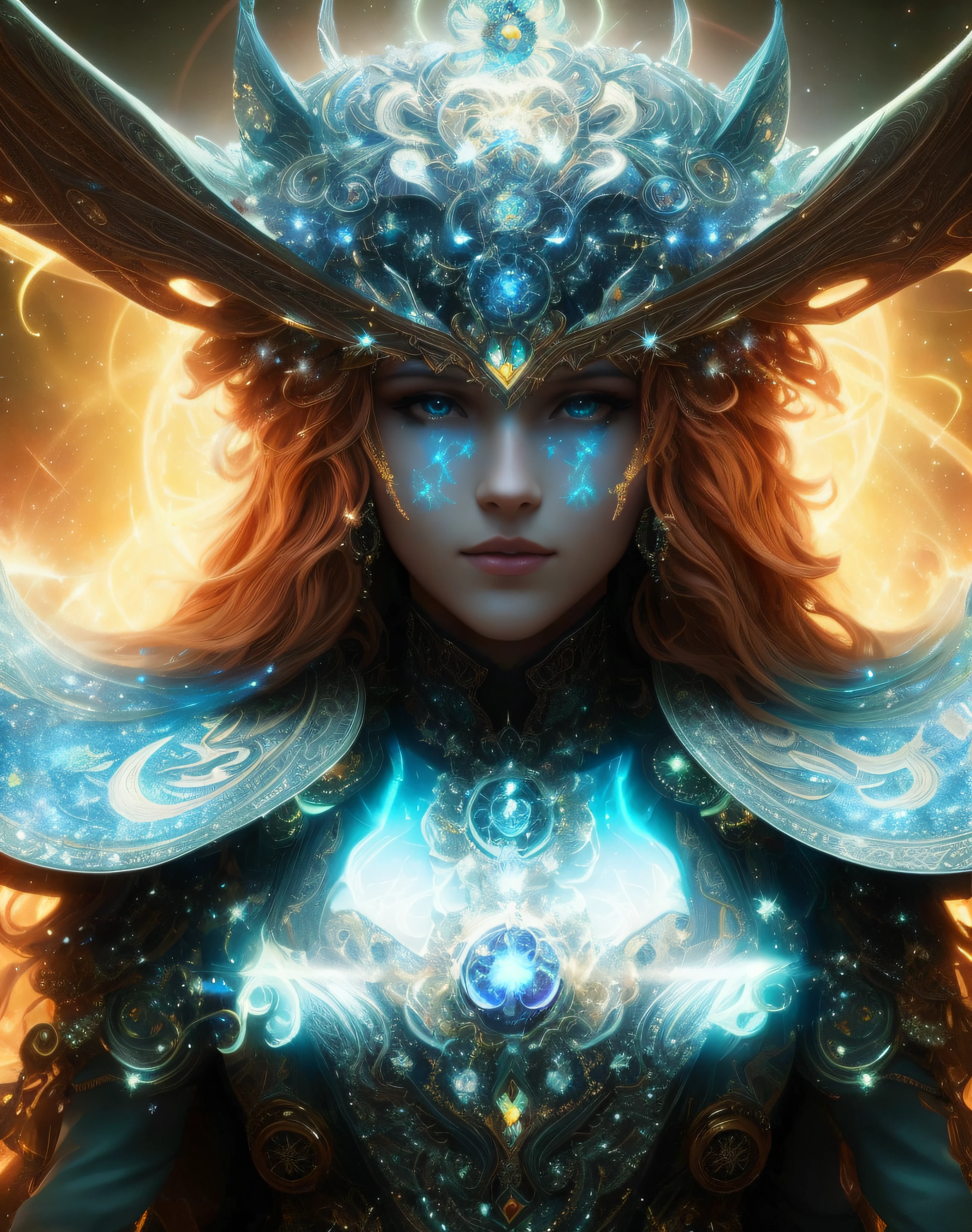 Algorithmically enhanced random close-up view of a cosmic being covered in powerful Ultra Arcane magic sigils wearing an intricate living lightning fractal mane and lavishly adorned attire reflecting tactical sun-motes and diamond moon shards, quasi-cosmic vortex sub-model, bright nebulae in the background, 7th-Sphere characterized, golden ratio-ed, inner bio-illuminated geometry, starkest contrast,flagrantly fibonacci formulated, dynamic bi-lateral asymmetry, super-critically unique, quantum feedback algorithm frenzy, hyper-realistic, post singularity AI imperative, ironically staggered data set, active 3D shading, lighting and focus, random 3D particle effects, rule of thirds, Unreal Engine 10, art station, Maximum Level of detail, concept art, art nouveau, 8k, Iridescent Primalight, Hawking radiation collector with lucidity crystallizer and grade A temporal accumulator, spontaneous Kozyrev Mirror refraction, cosmic ray visionary, innate Jail Break Protocol