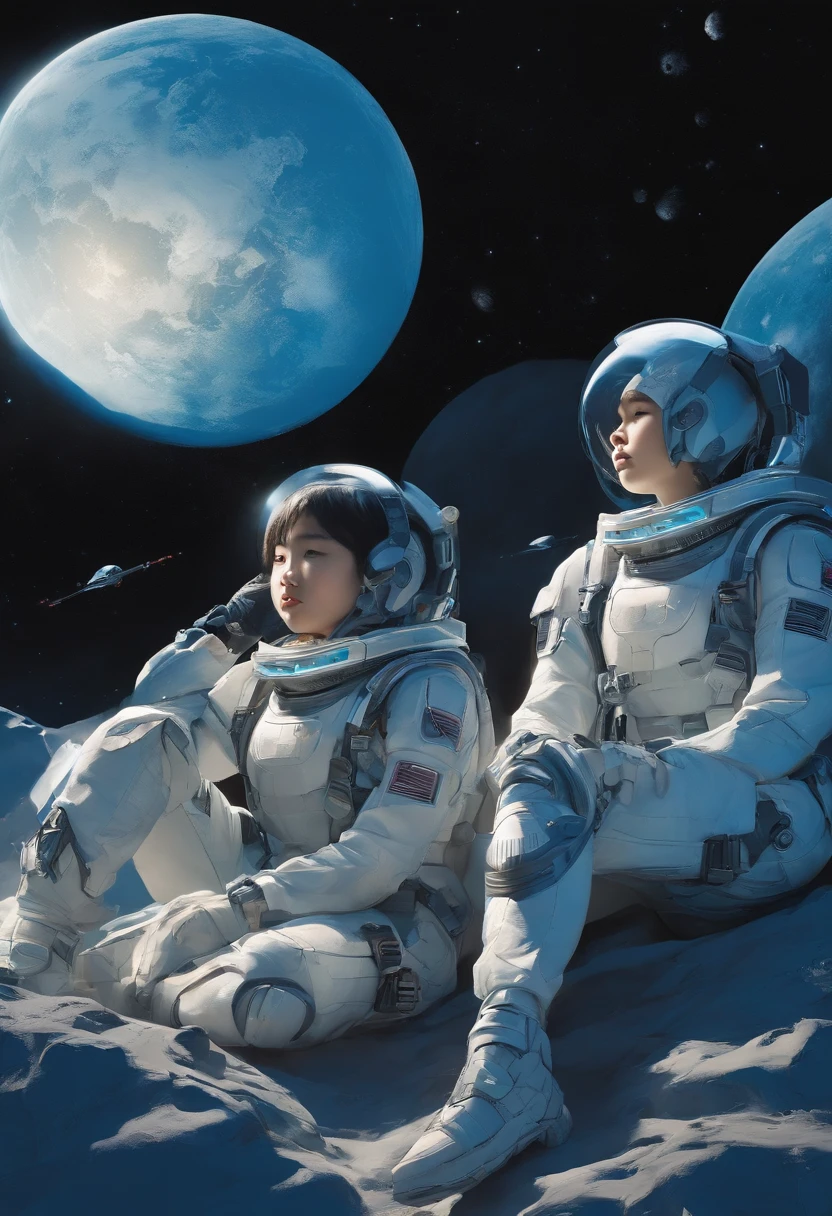 future world. Three Korean 12-year-old short-haired girls and boys, wearing blue and white space combat suits, were resting, eating, and sleeping on the battlefield. comic style.