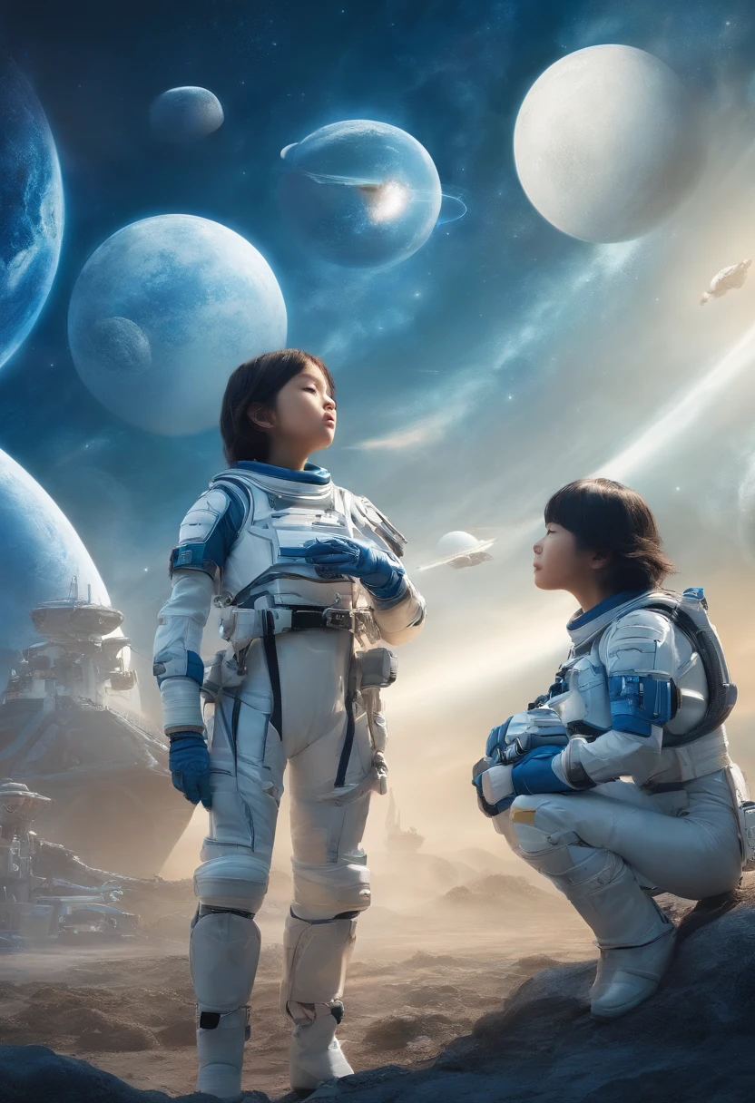future world. Three Korean 12-year-old short-haired girls and boys, wearing blue and white space combat suits, were resting, eating, and sleeping on the battlefield. comic style.